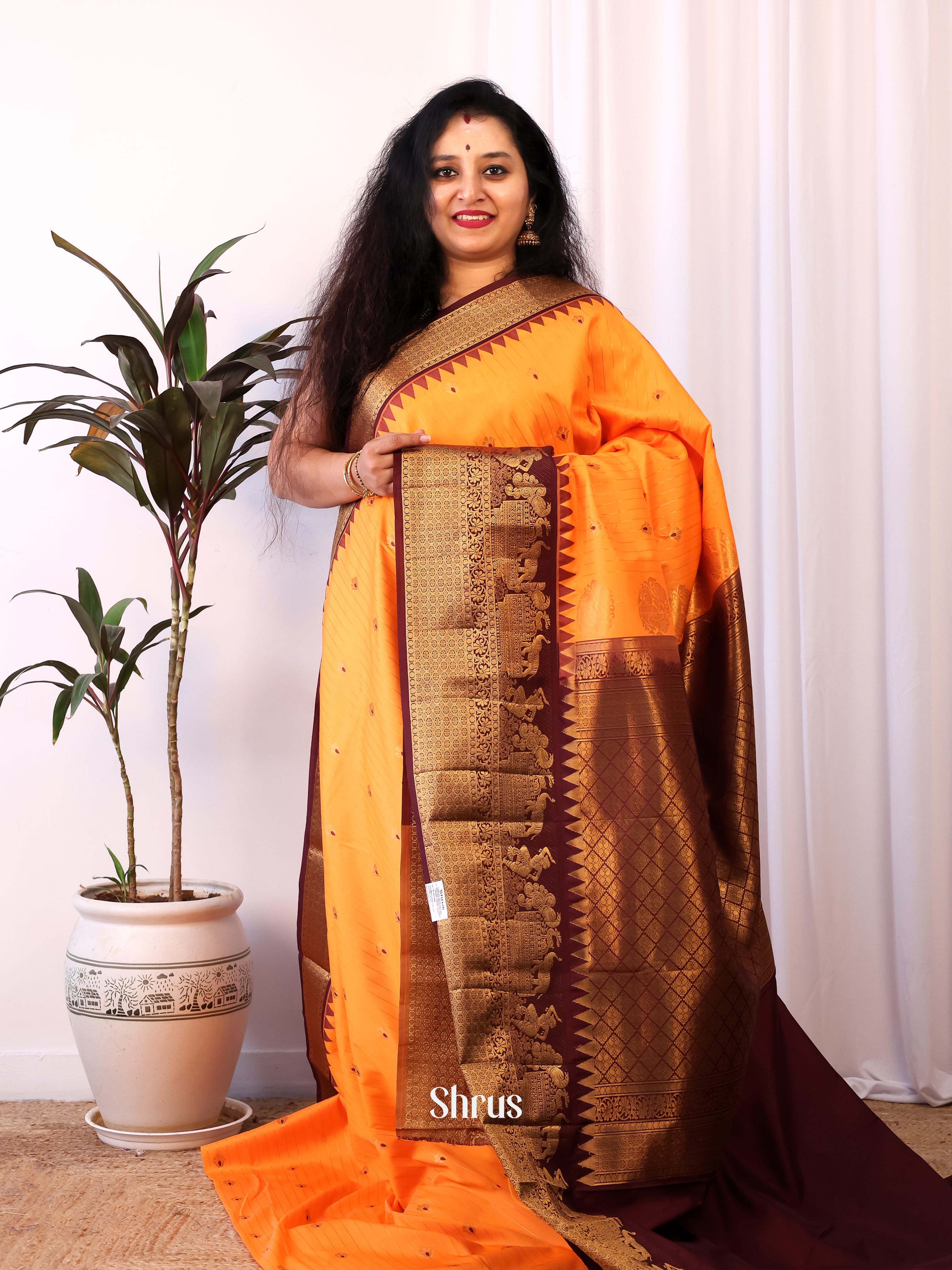 Mustard & Brown - Gadwal halfpure Saree