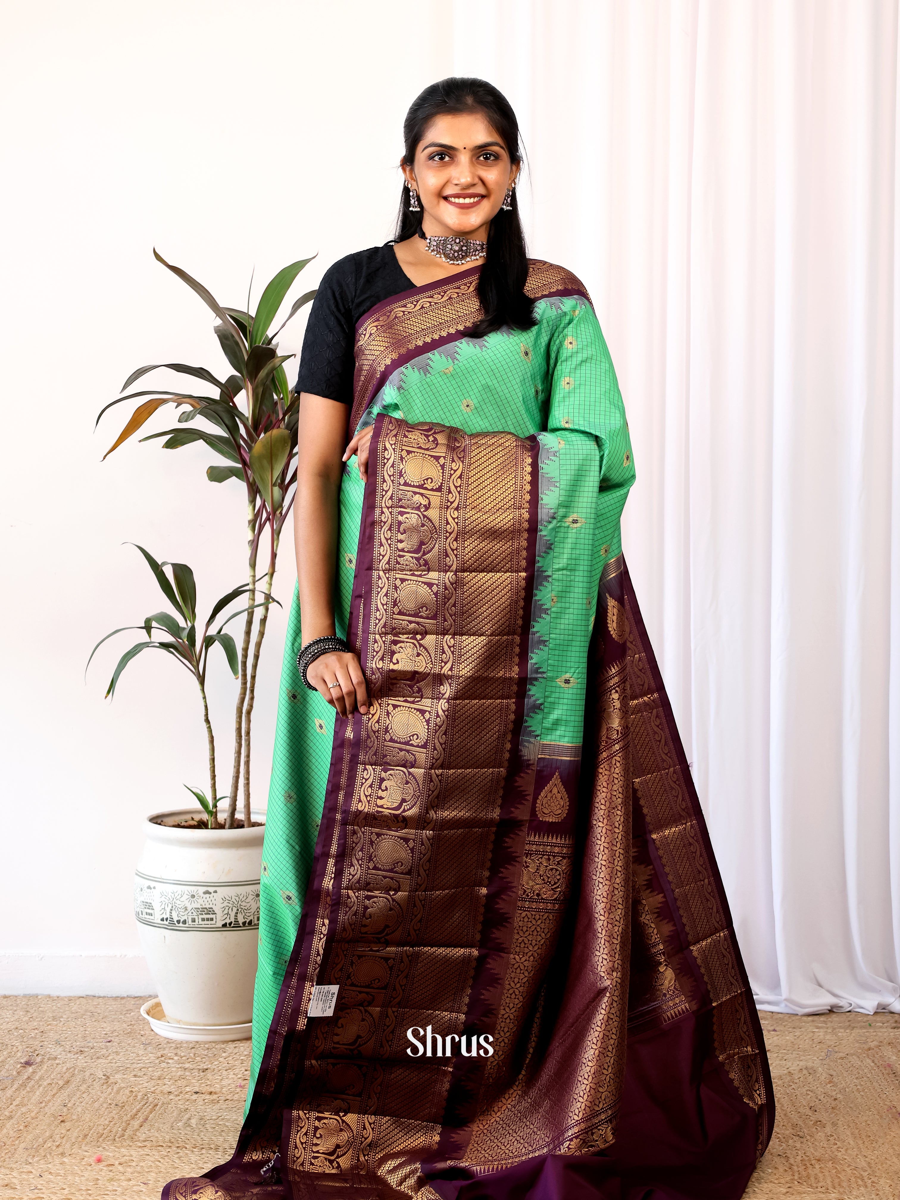 Green & Wine - Gadwal halfpure Saree