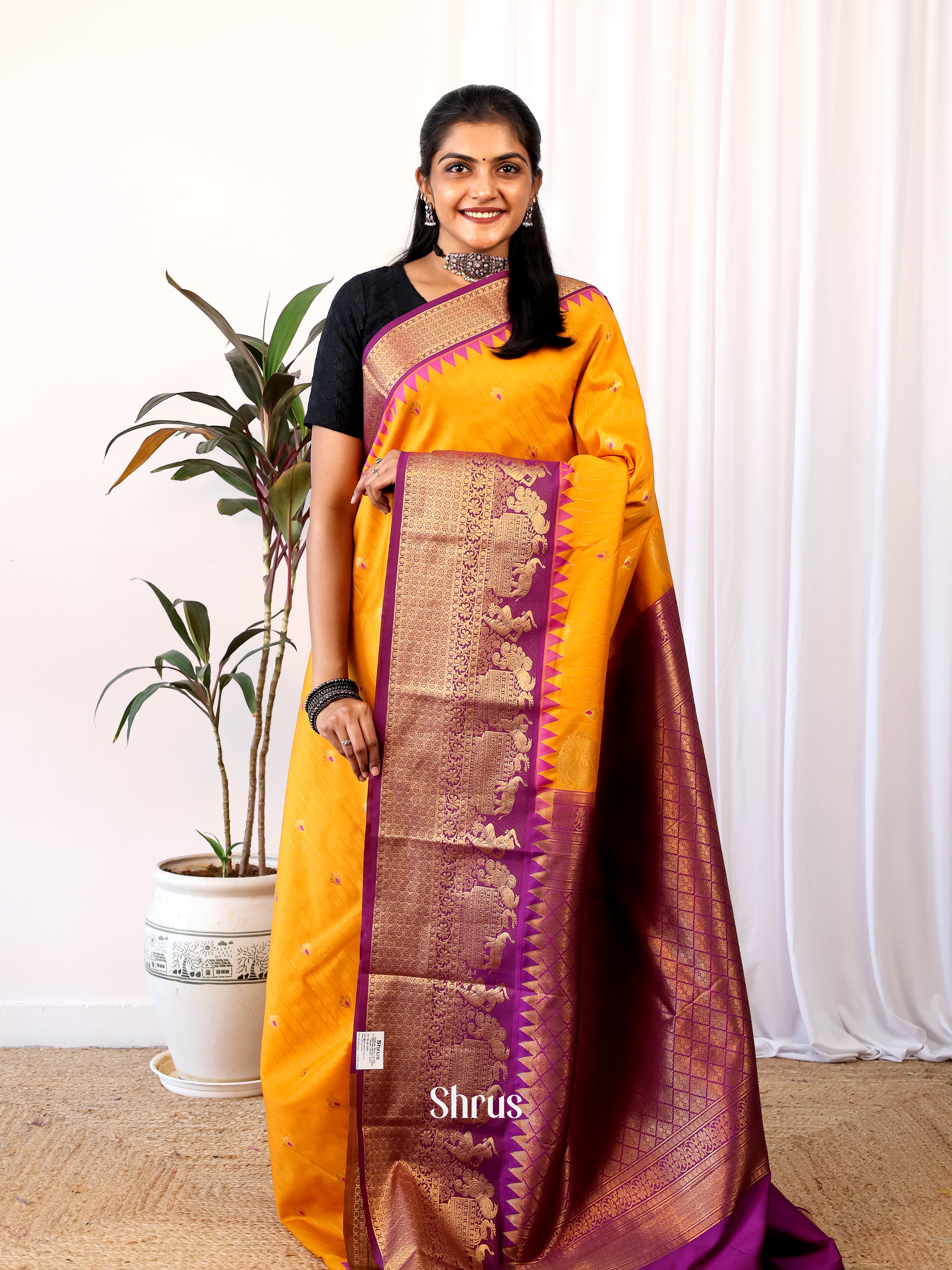 Yellow & Purple  - Gadwal halfpure Saree