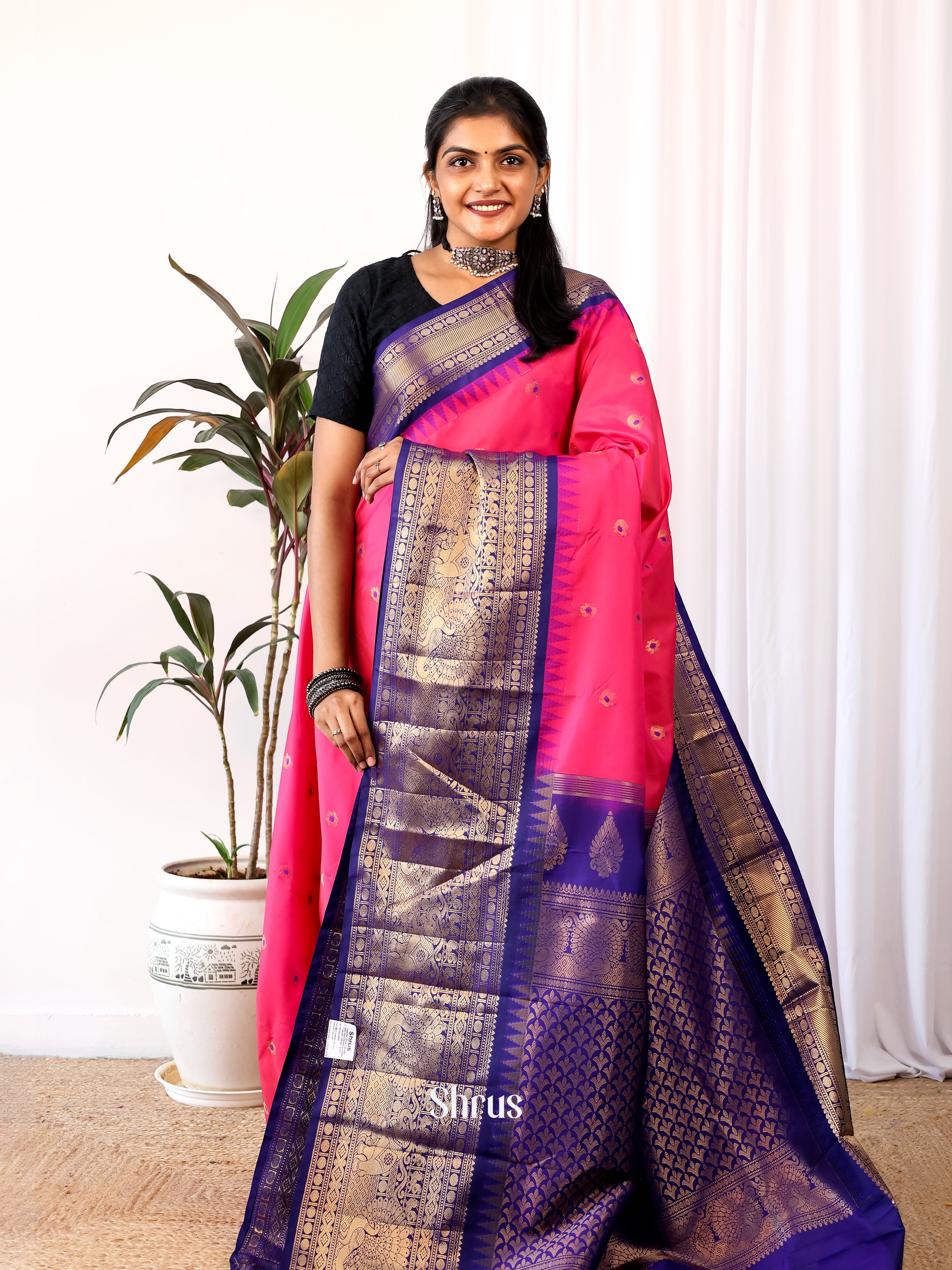 Pink & Blue - Gadwal halfpure Saree