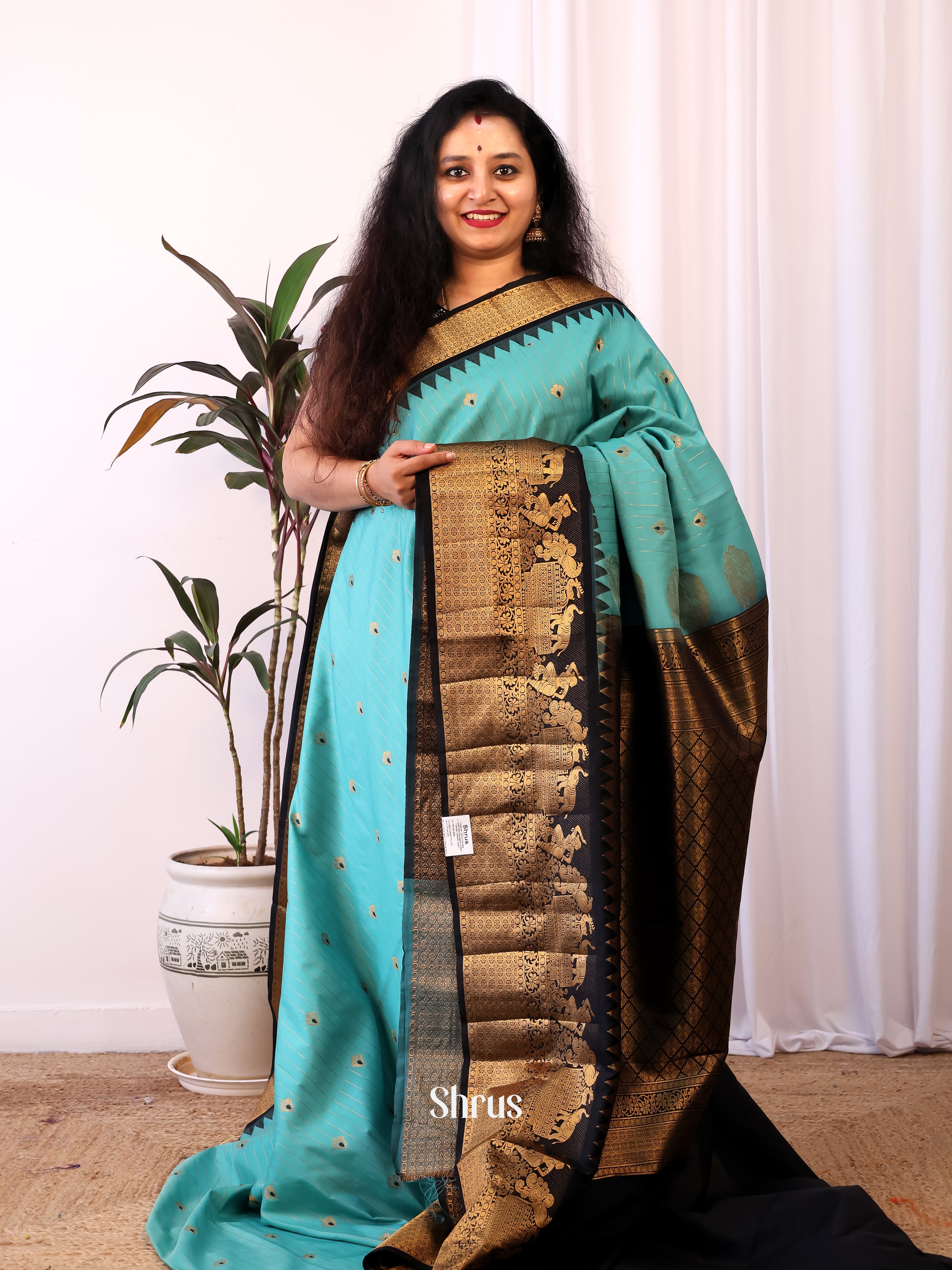 Teal blue - Gadwal halfpure Saree