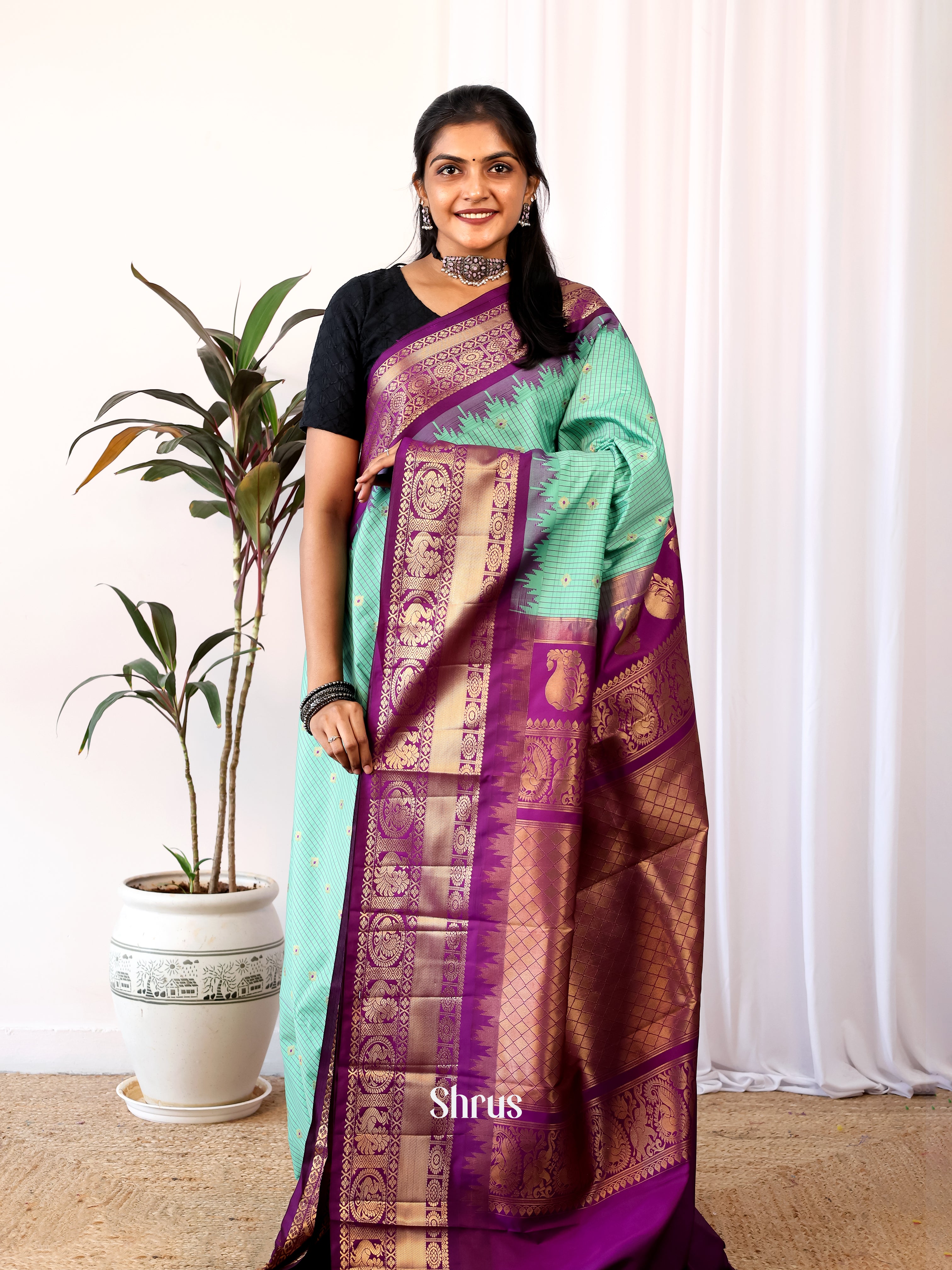 Teal Green & Purple - Gadwal halfpure Saree