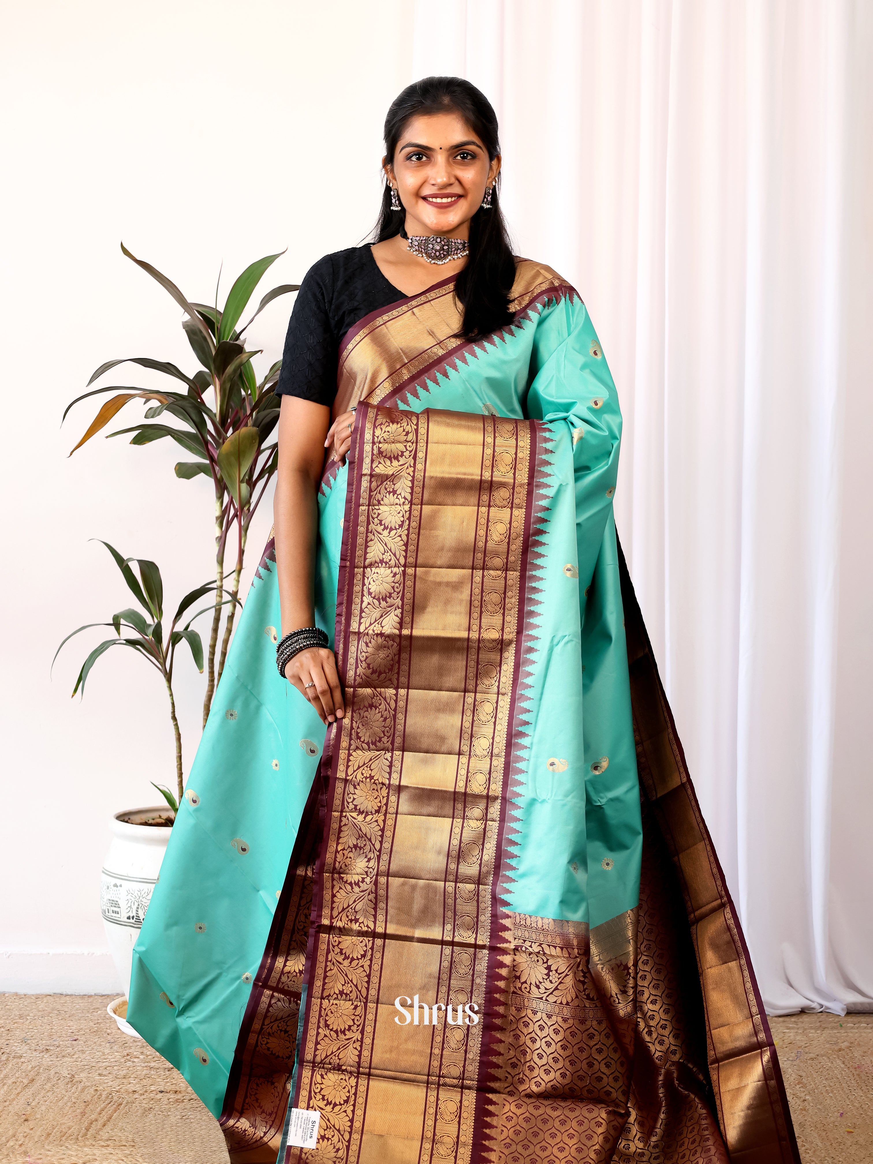 Teal & Brown - Gadwal halfpure Saree