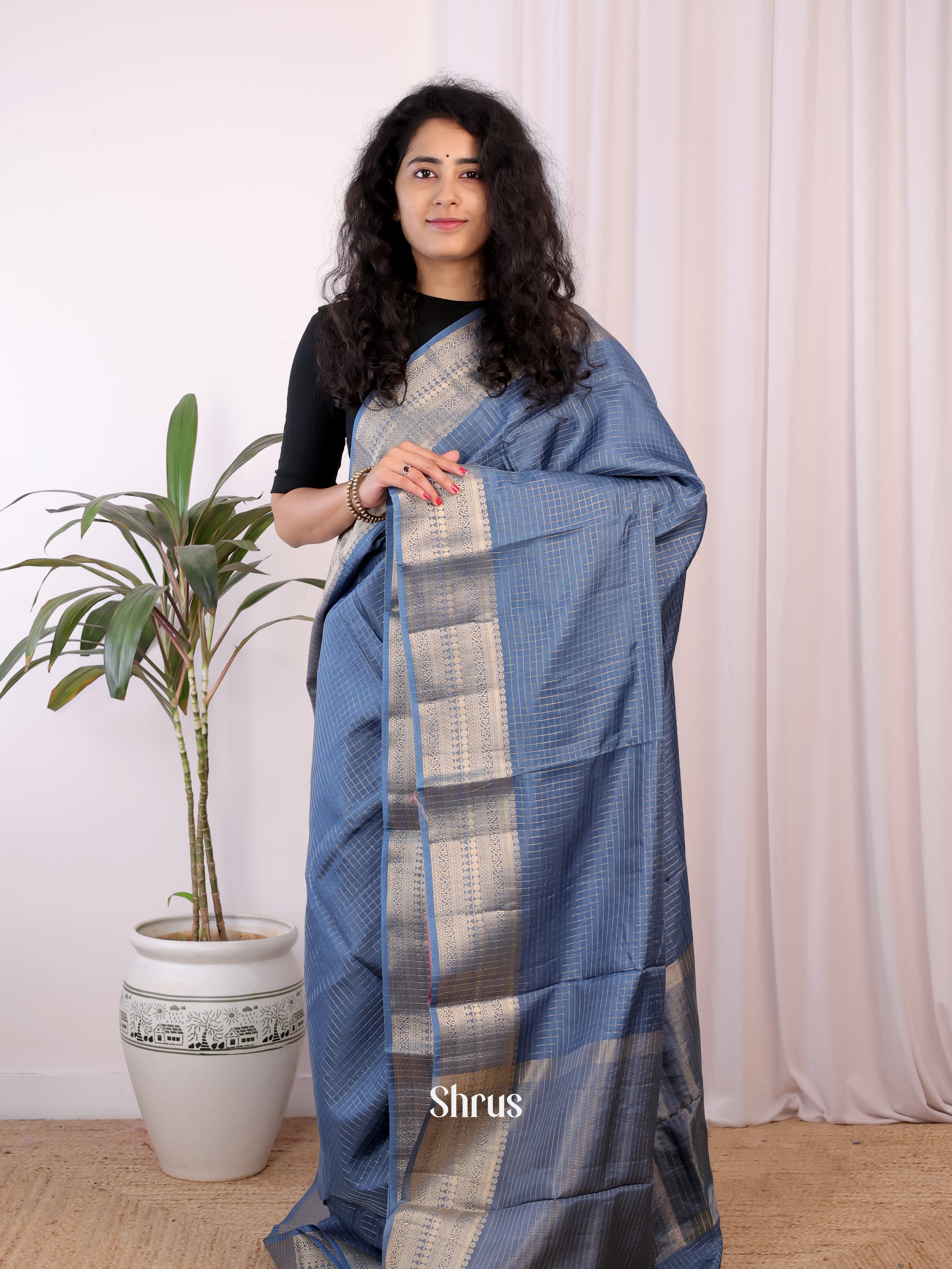 Greyish Blue & Pink- Semi Chanderi Saree