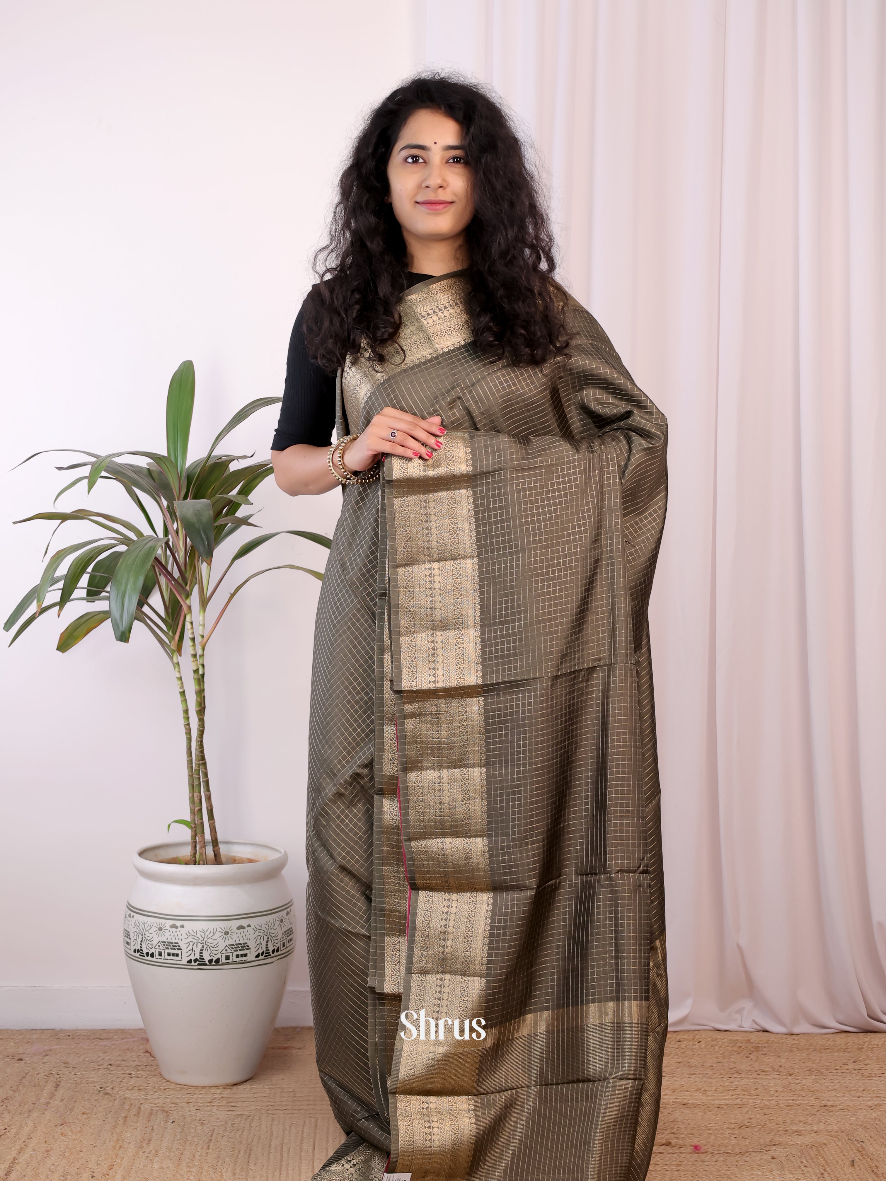 Grey & Red - Semi Chanderi Saree