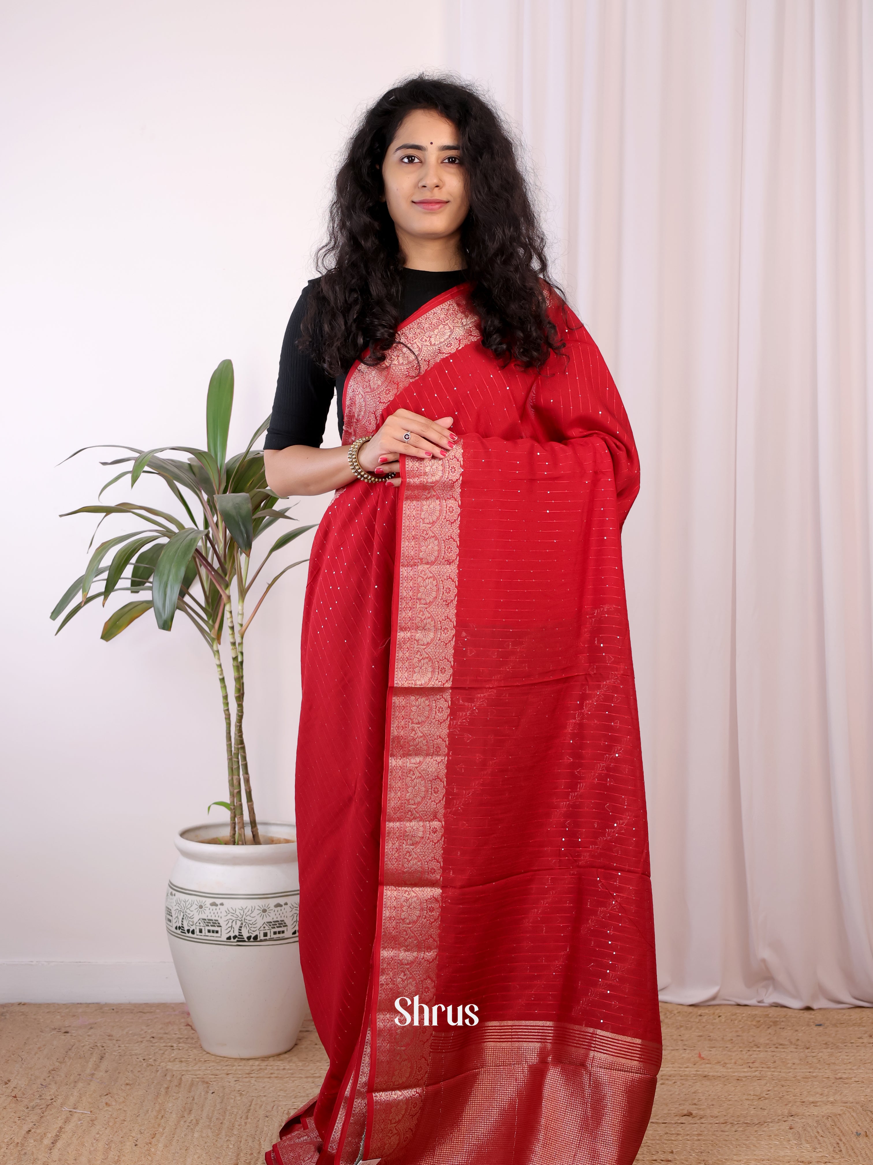 Red & Blue - Semi Chanderi Saree