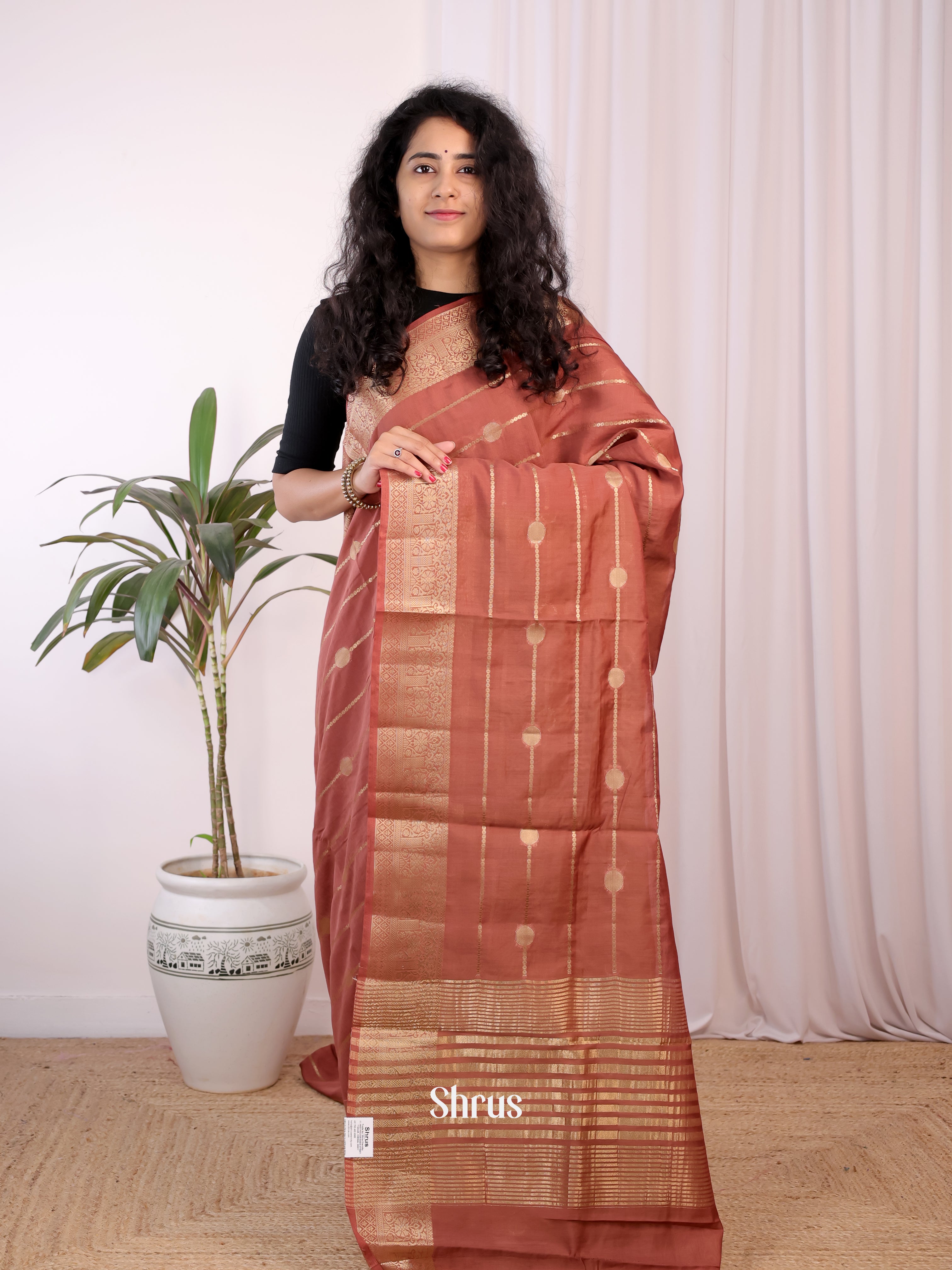 Brown & Mustard - Semi Chanderi Saree