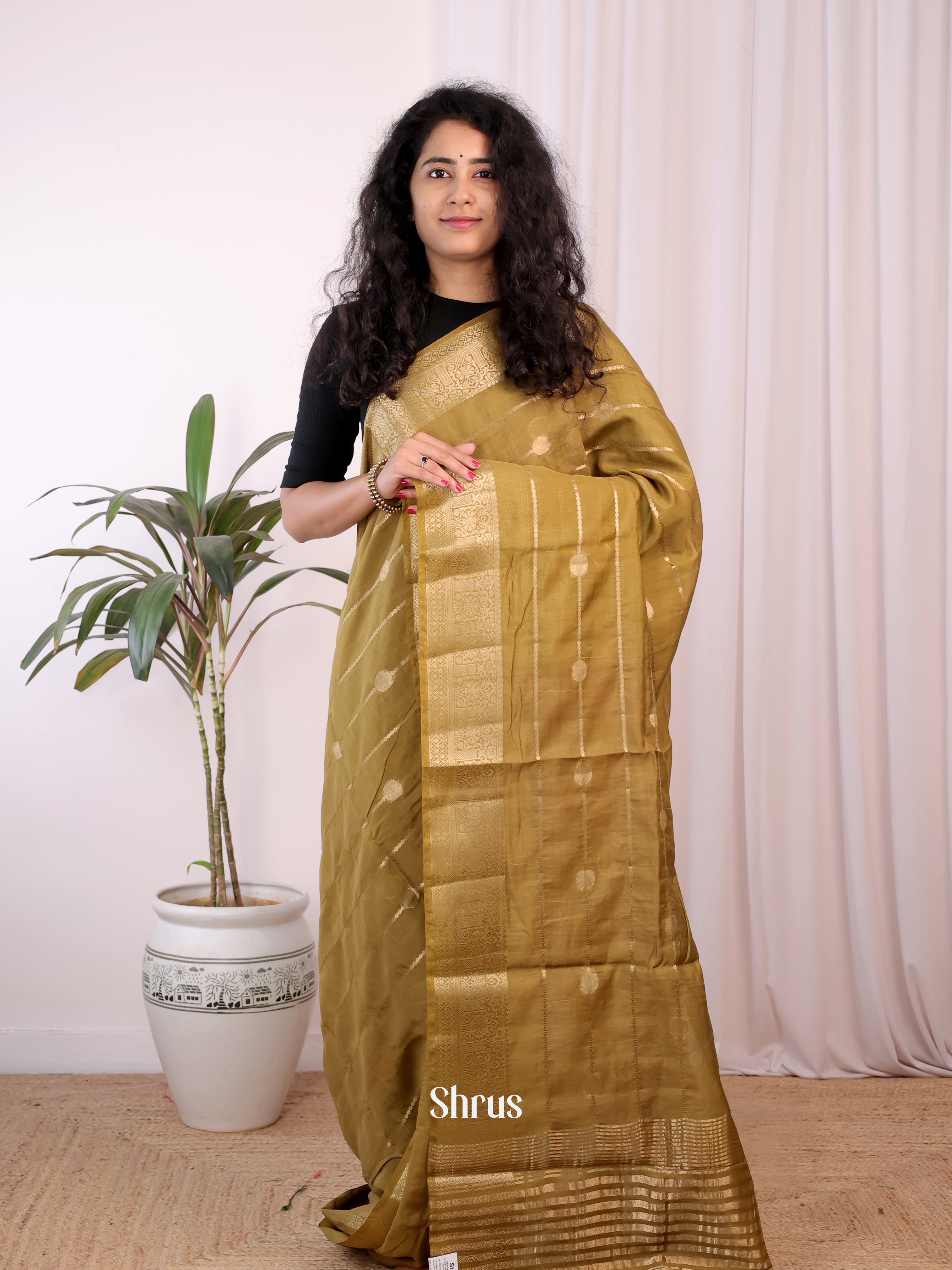 Green & Brown - Semi Chanderi Saree