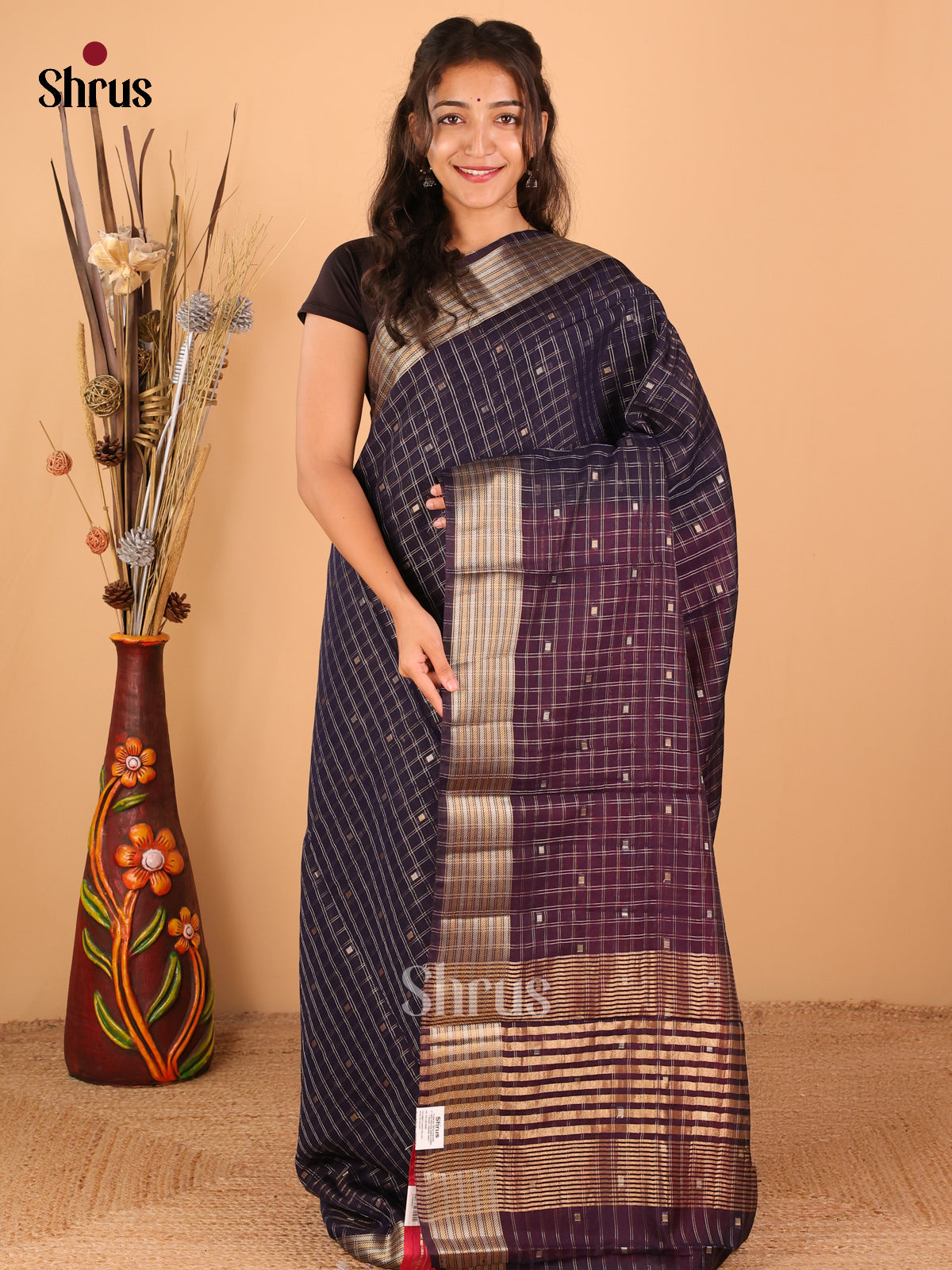 Navy Blue with Pink - Semi Chanderi - CJS03094 - Shop on Shrus.com
