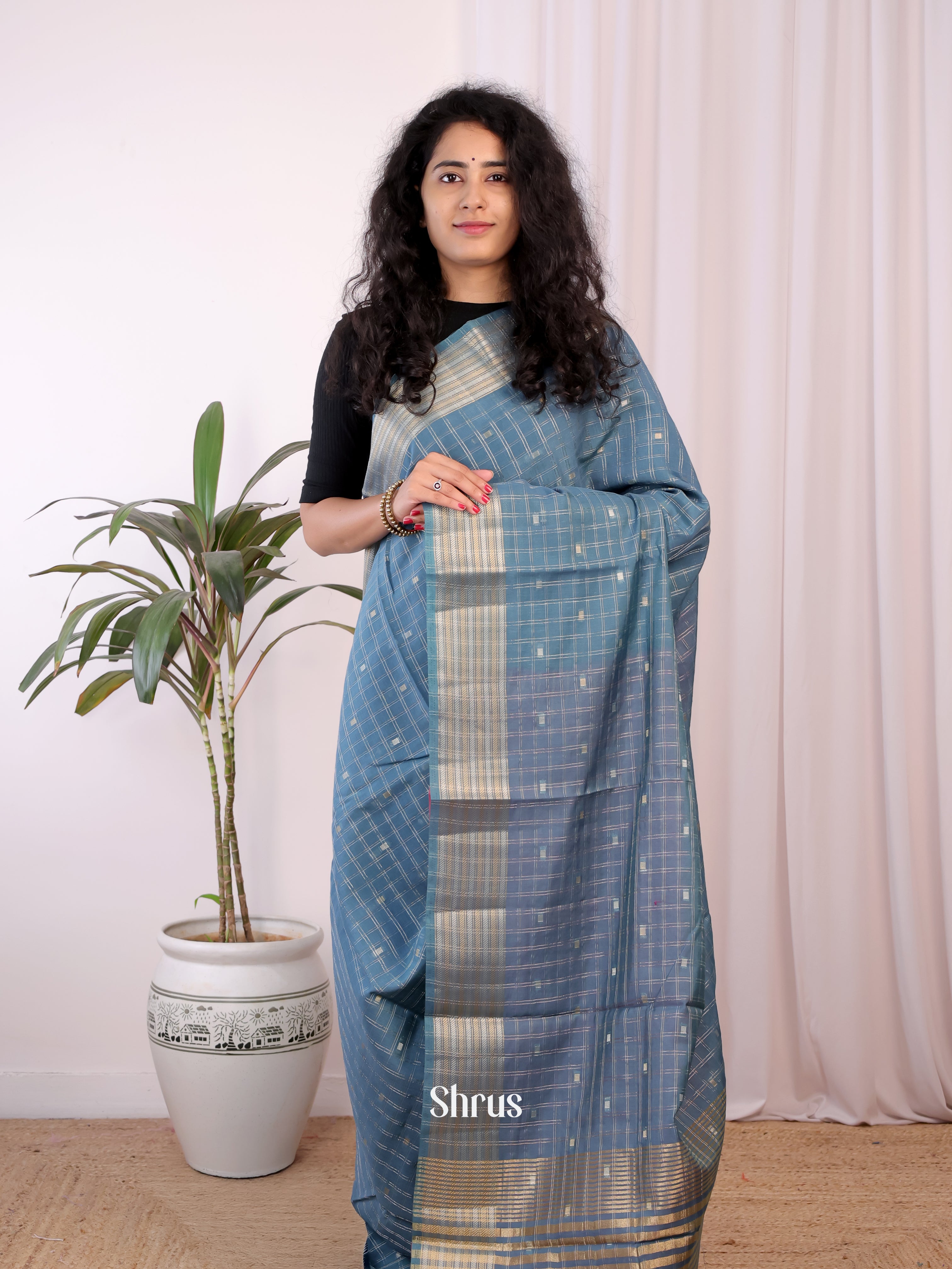 Grey & Pink - Semi Chanderi Saree