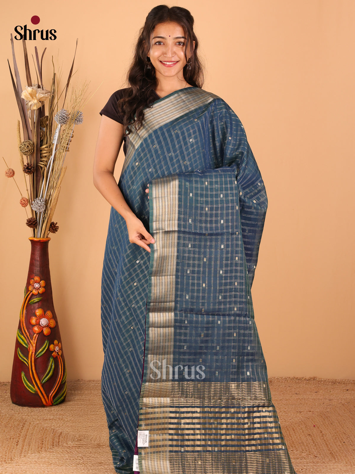 Peacock blue with Violet - Semi Chanderi - CJS03096 - Shop on Shrus.com