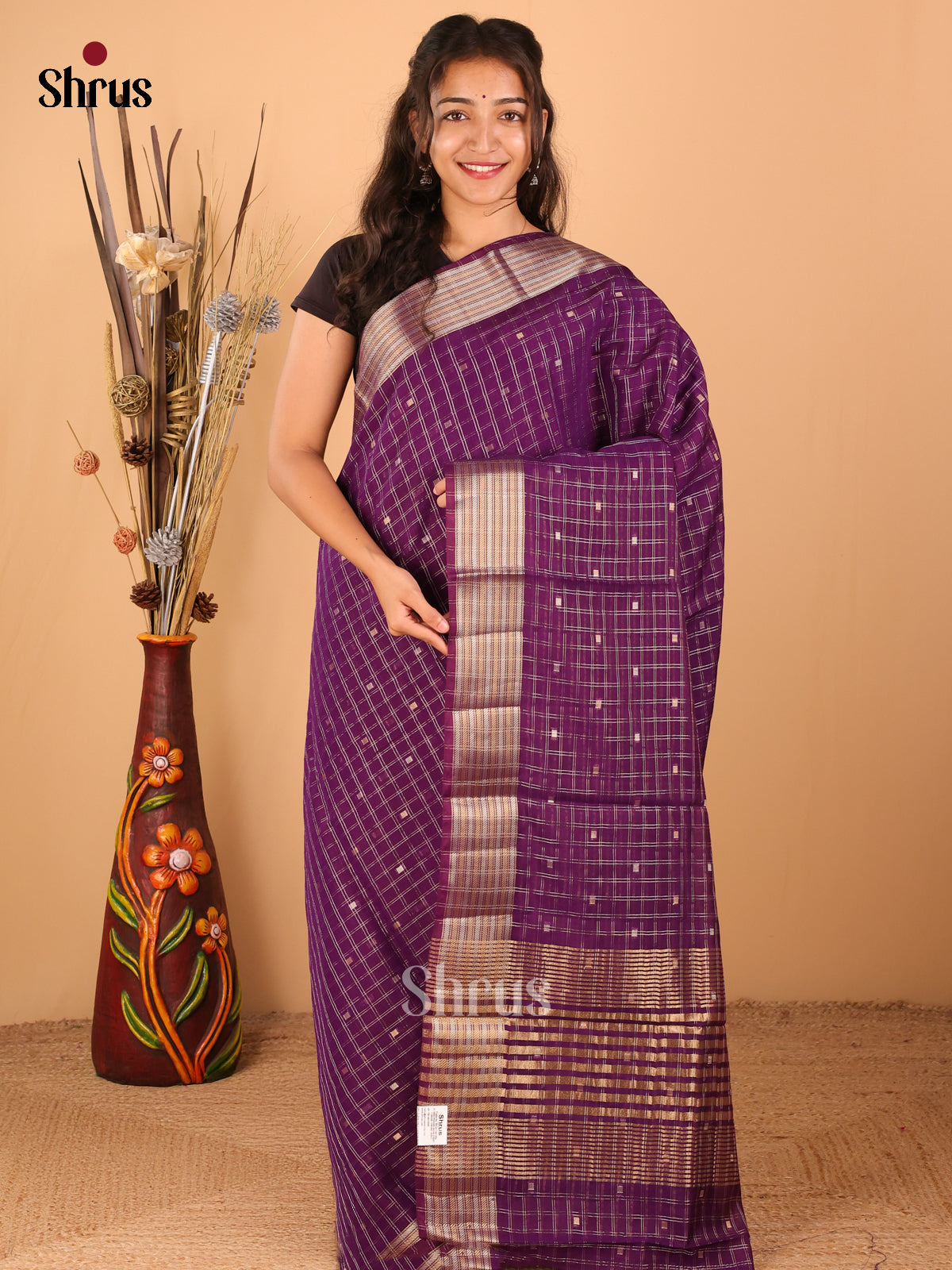 Violet with Navy blue - Semi Chanderi - CJS03101 - Shop on Shrus.com