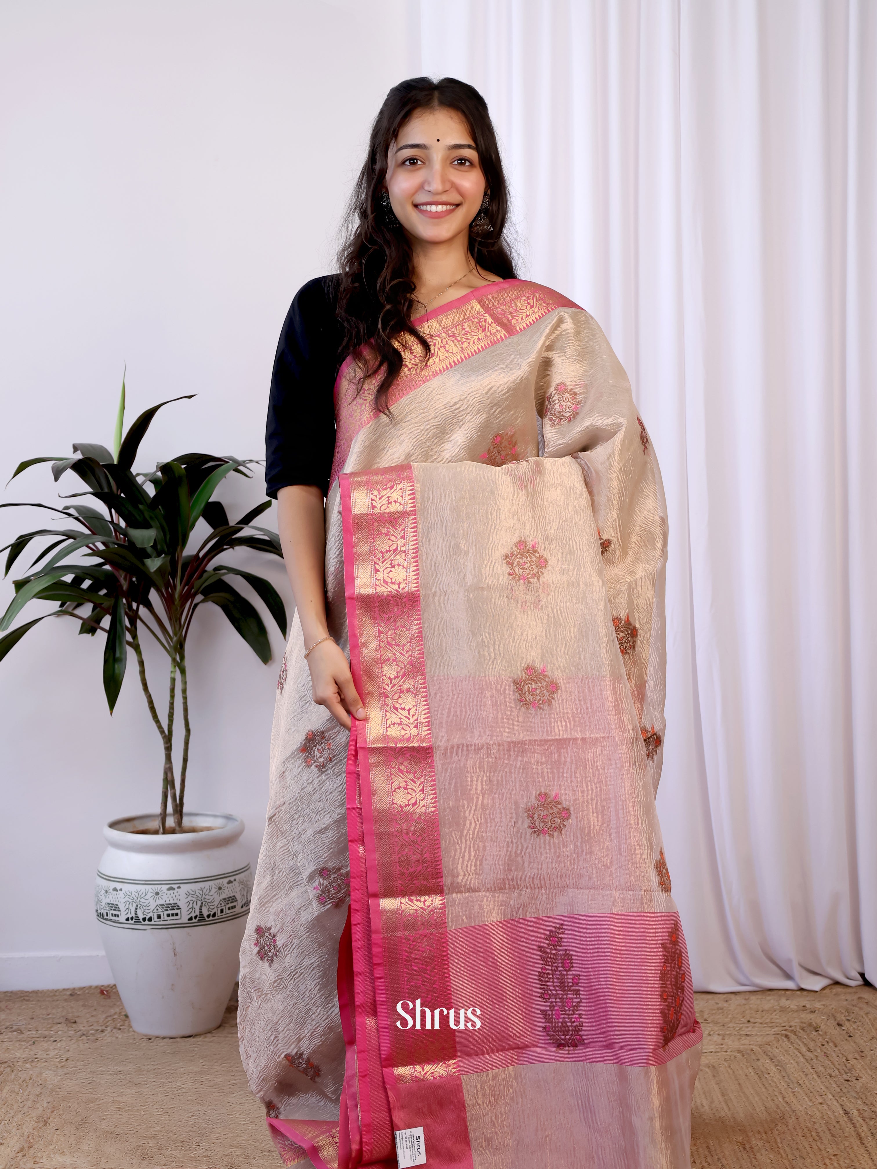 Cream & Pink - Bamboo silk Saree