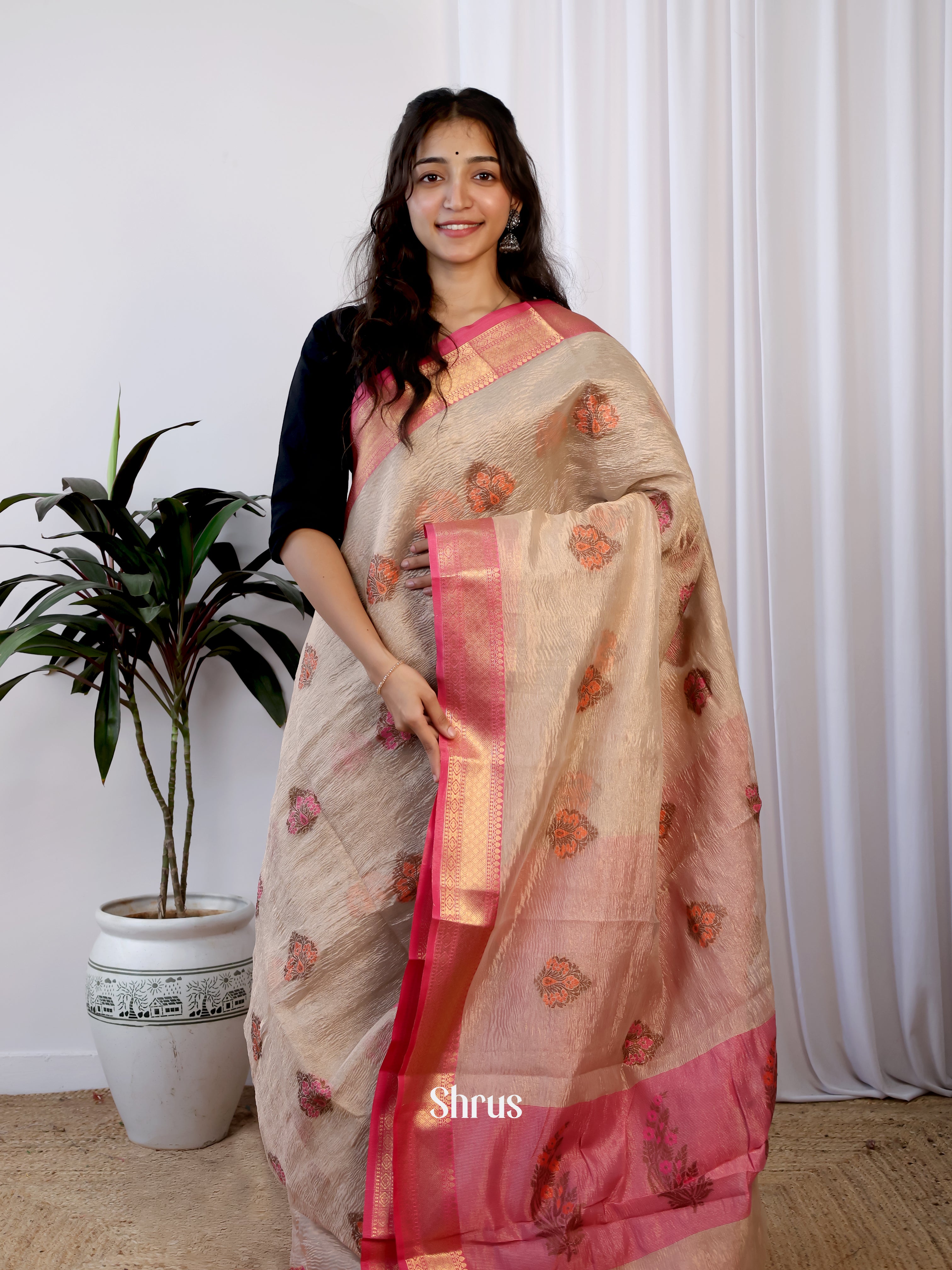 Cream   & Pink - Bamboo silk Saree