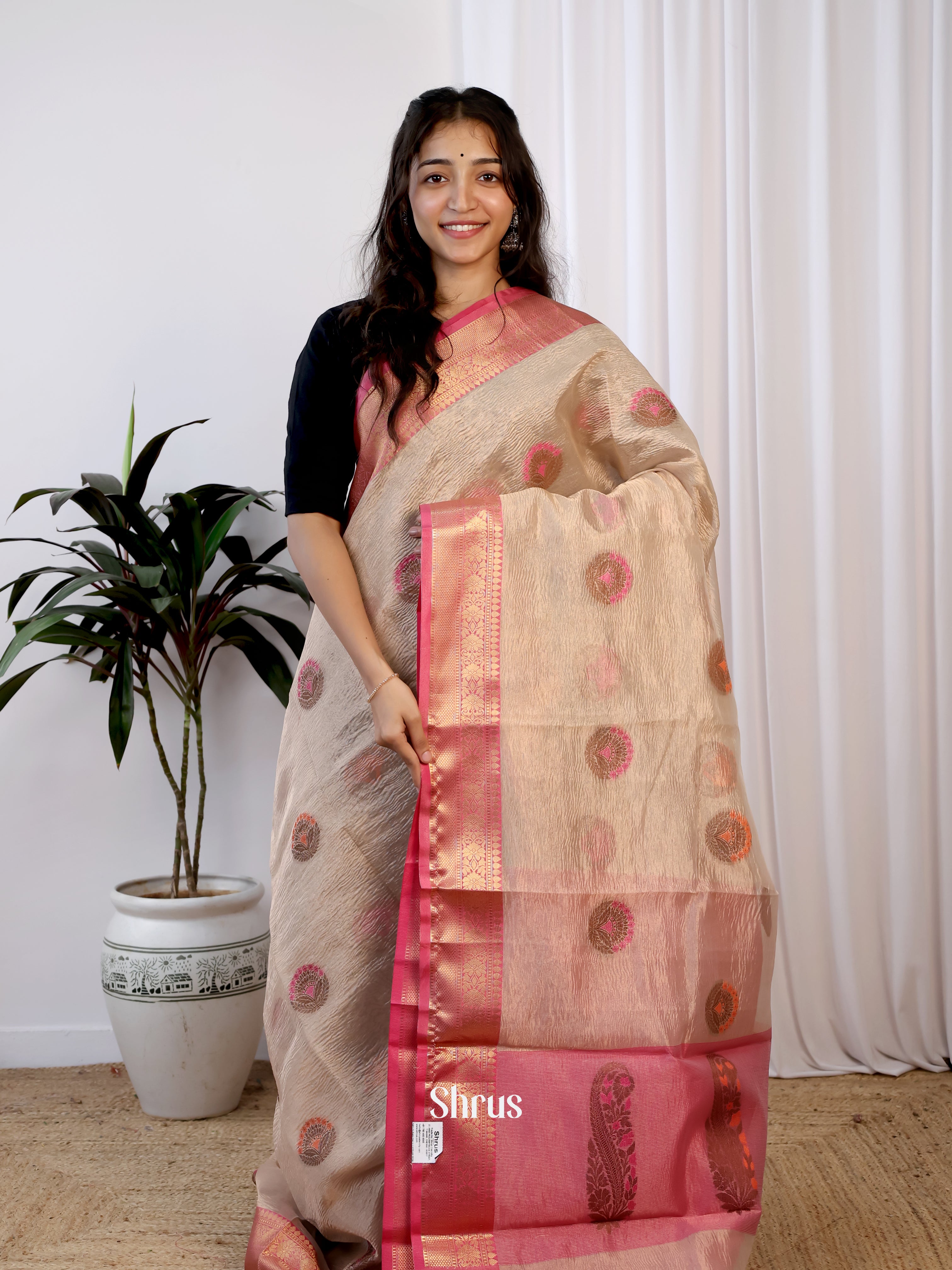 Cream & Pink - Bamboo silk Saree