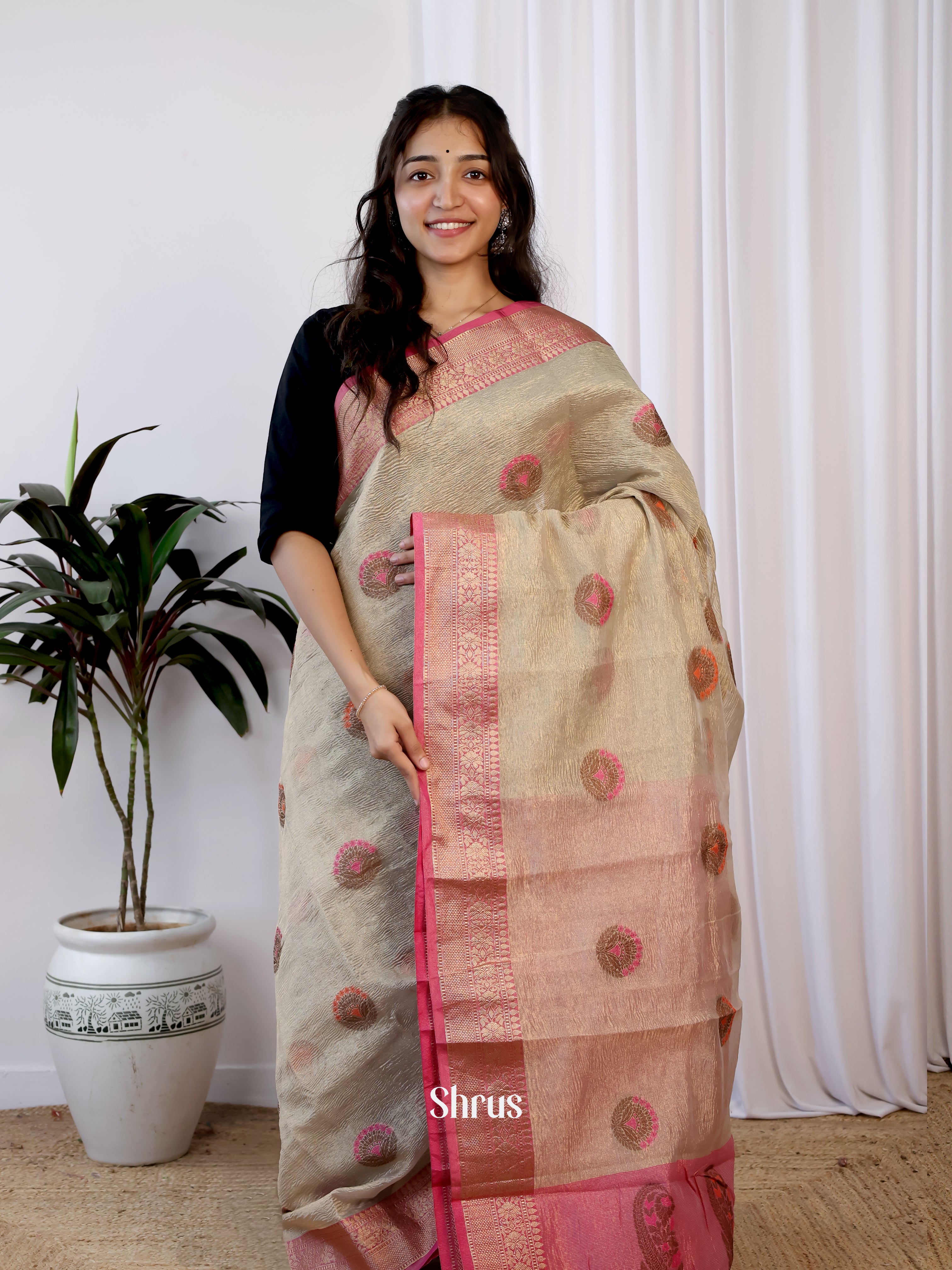 Beige & Pink- Bamboo silk Saree