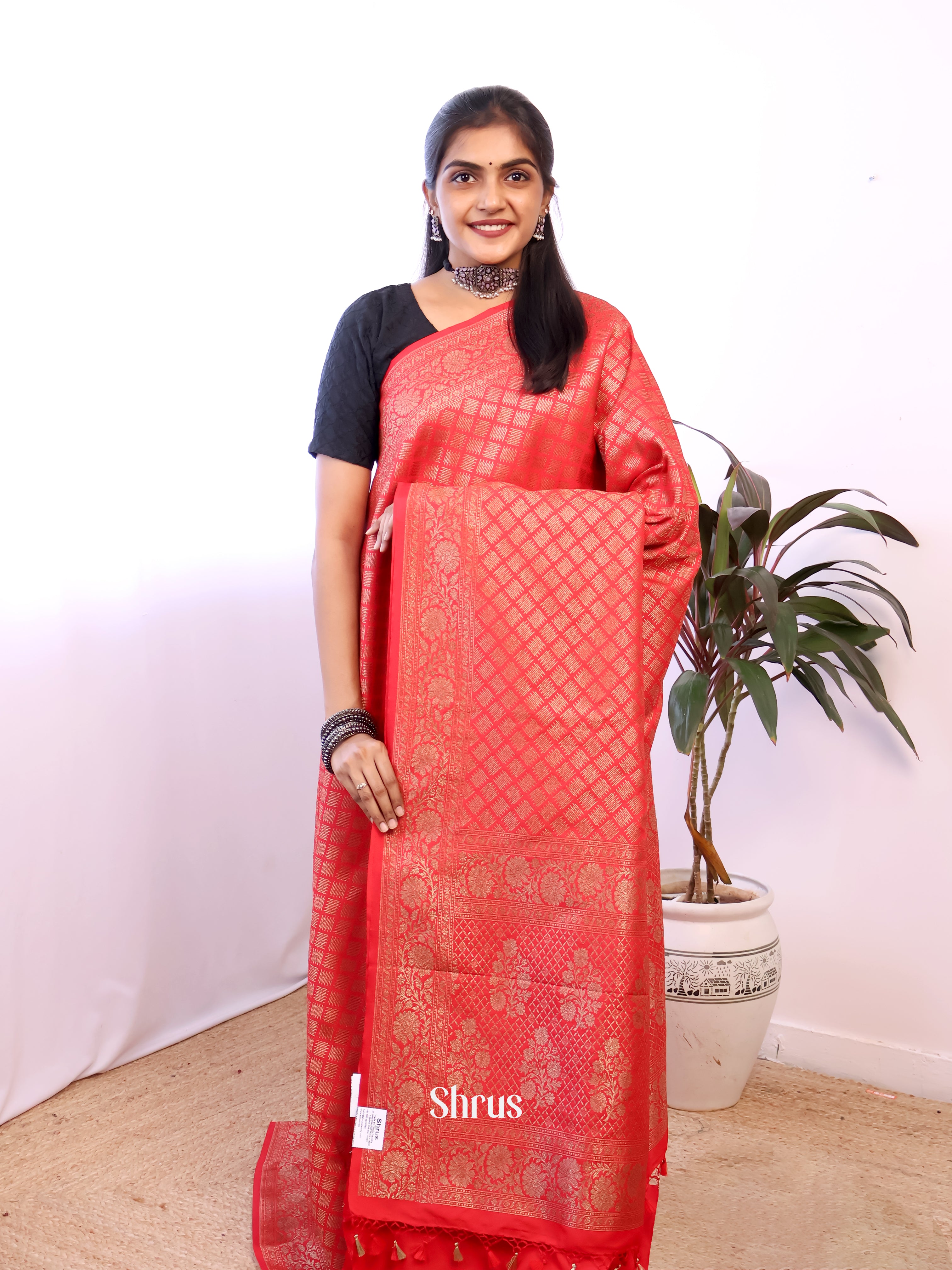 Red - Semi Banarasi Saree