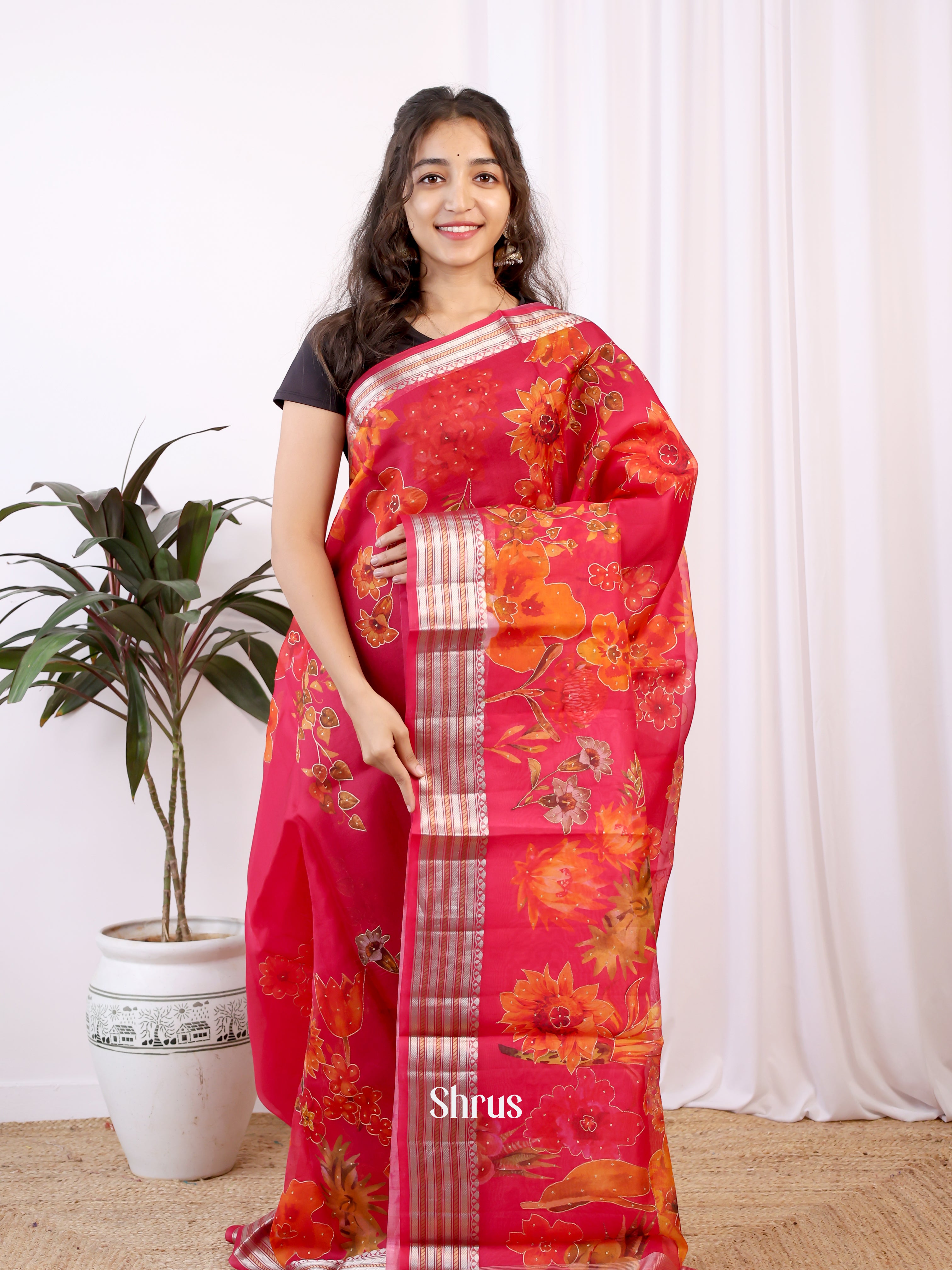 Red(Single Tone) - Organza Saree