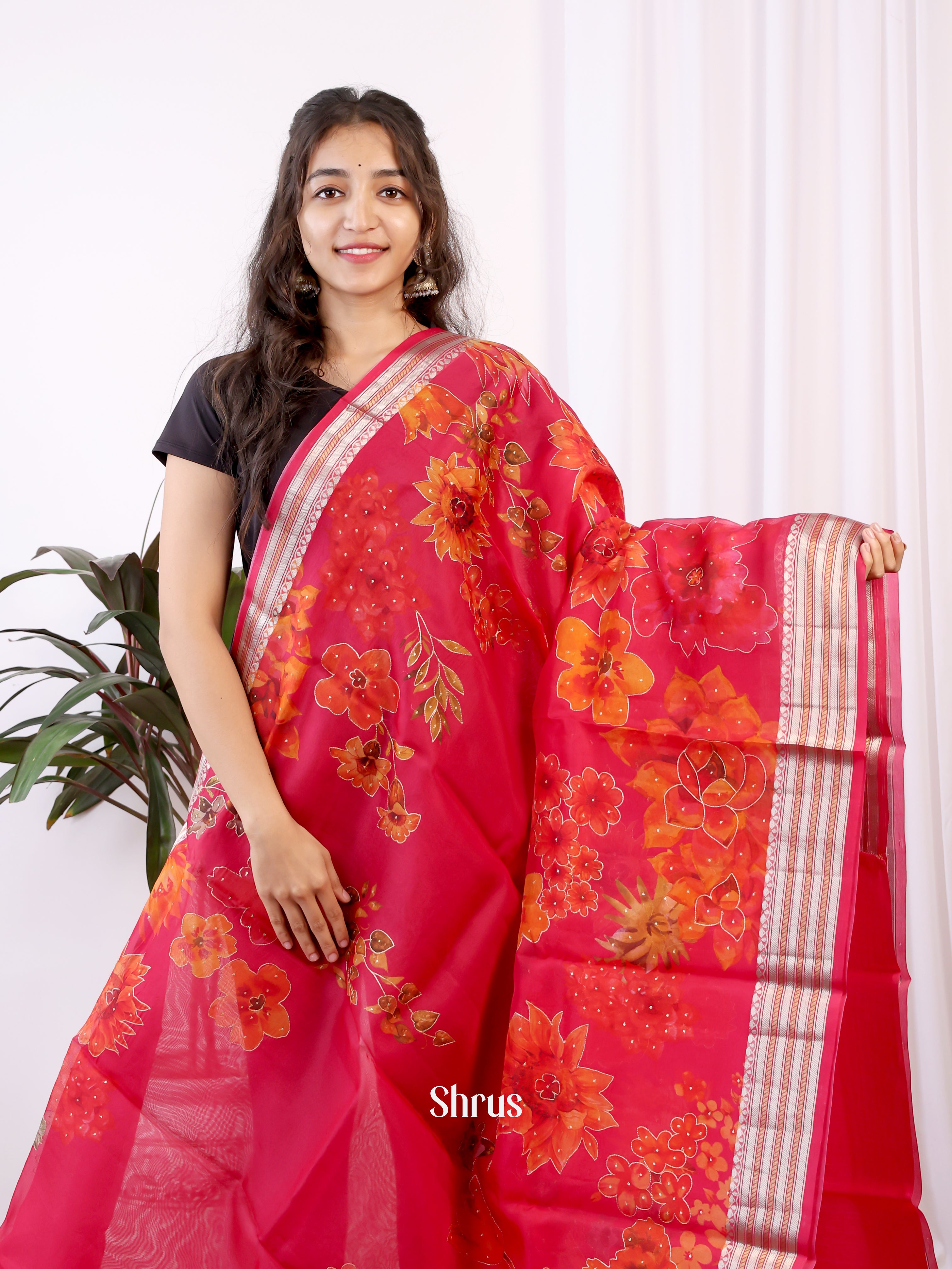 Red(Single Tone) - Organza Saree