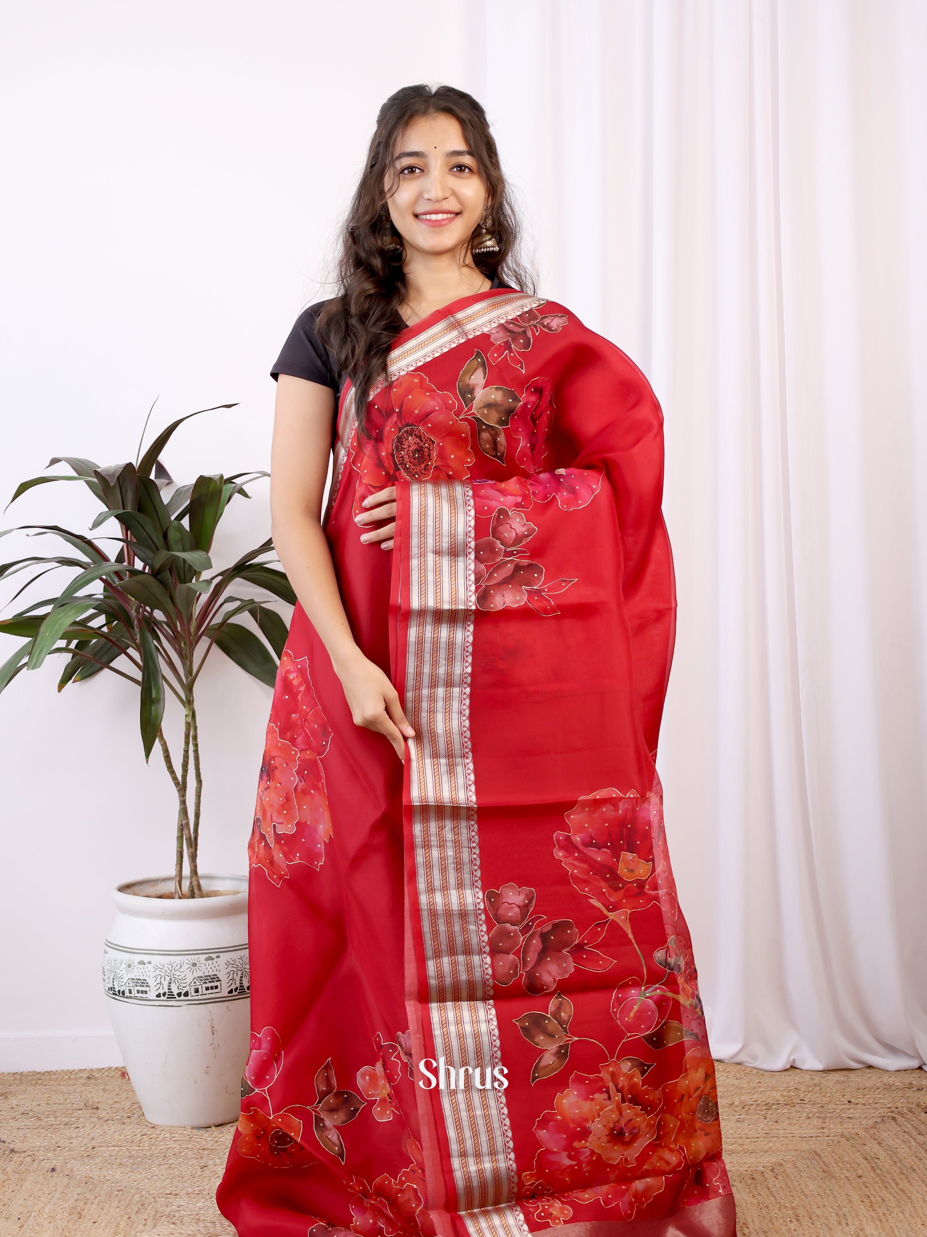 Red(Single Tone) - Organza Saree