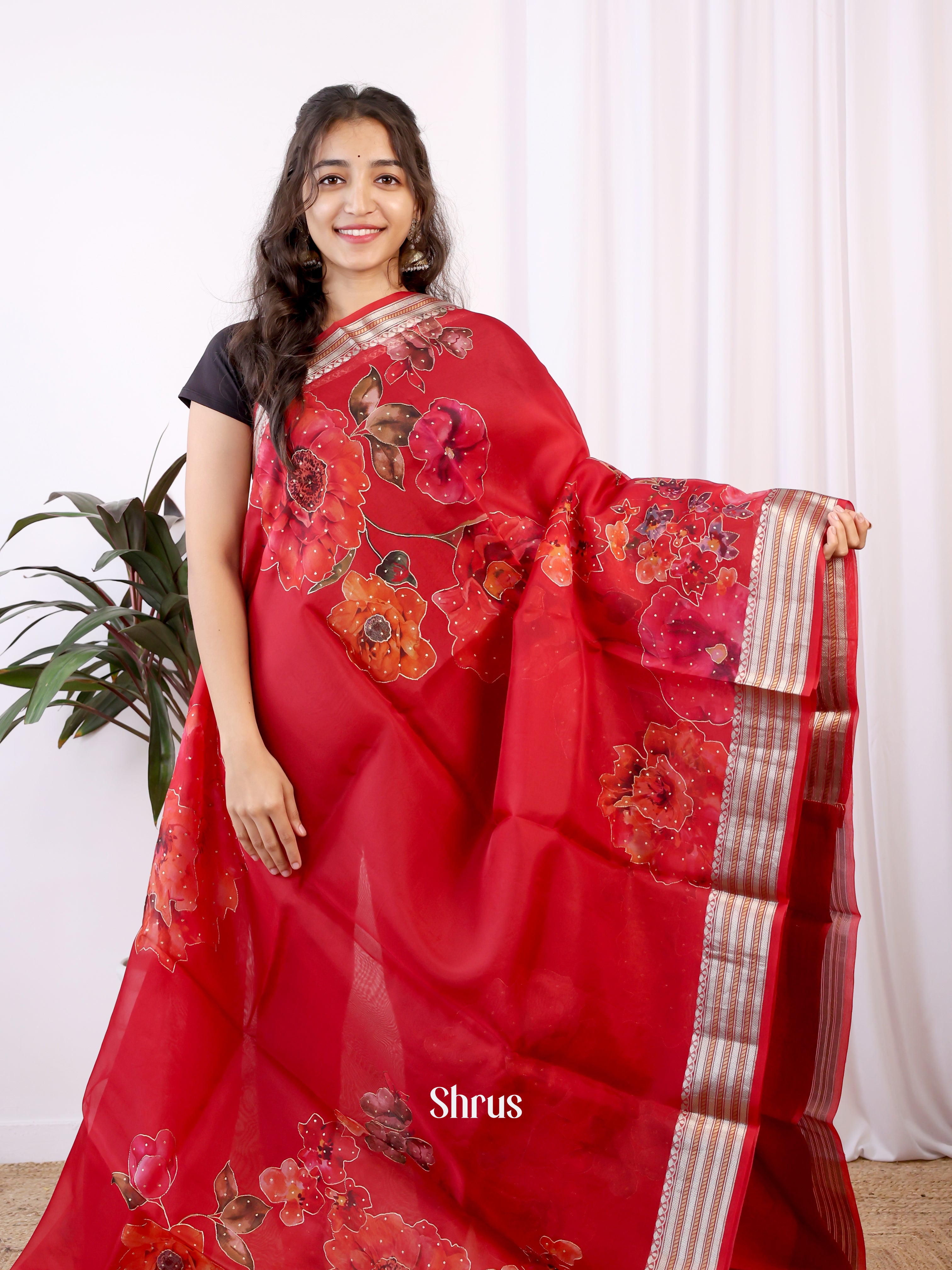 Red(Single Tone) - Organza Saree