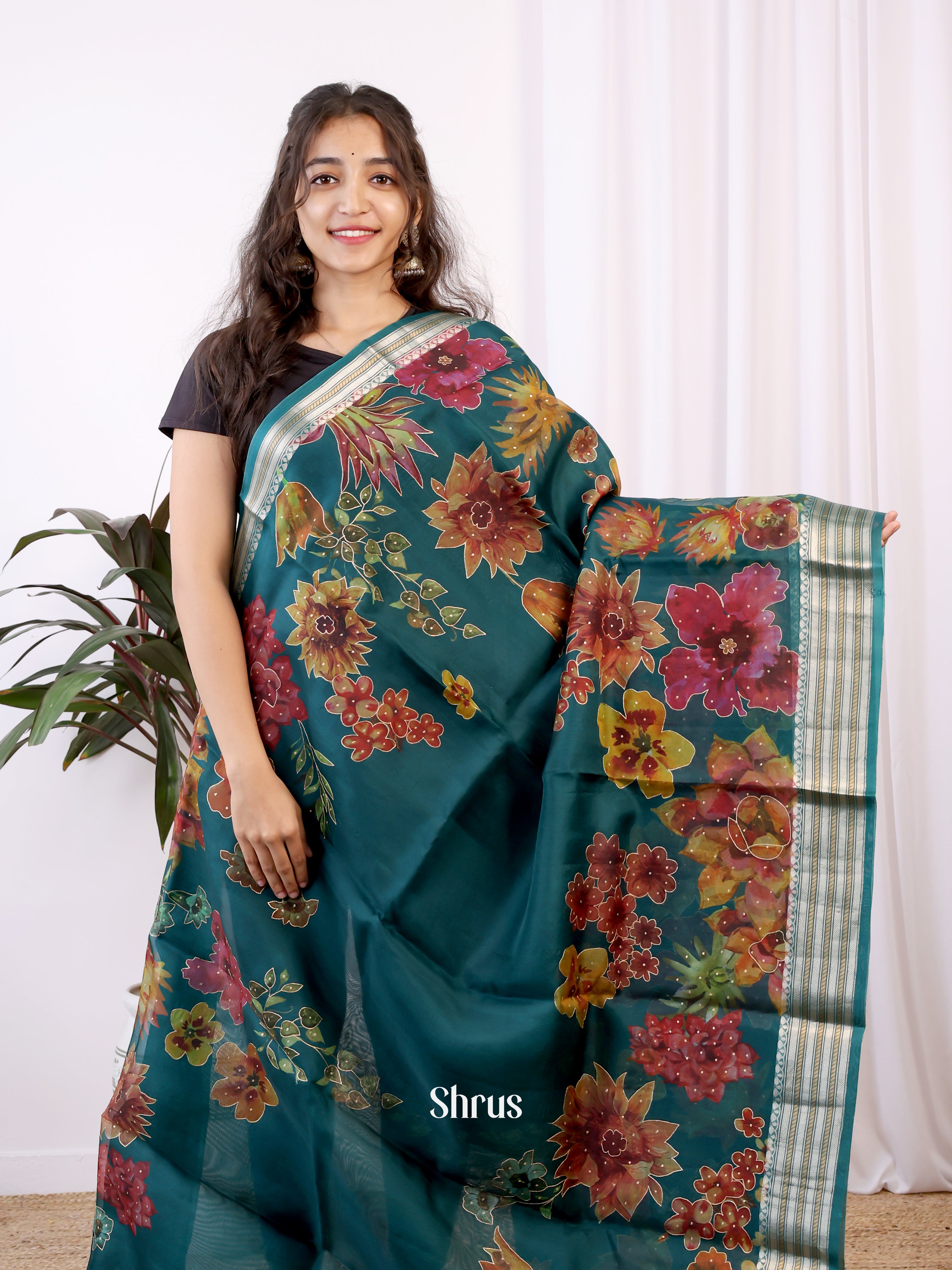 Blue (Single Tone) - Organza Saree