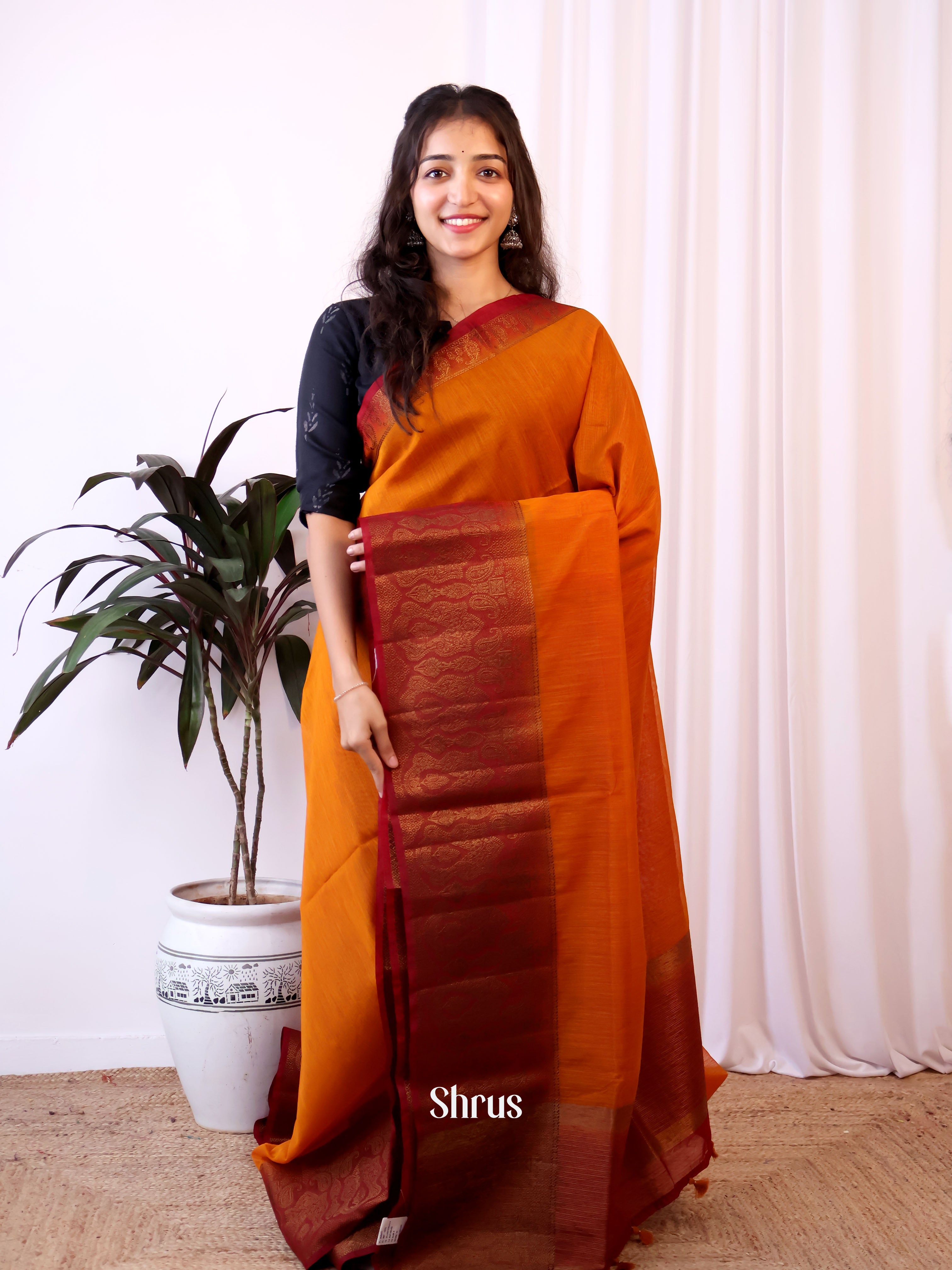 Orange &  Maroon - Semi Jute Saree