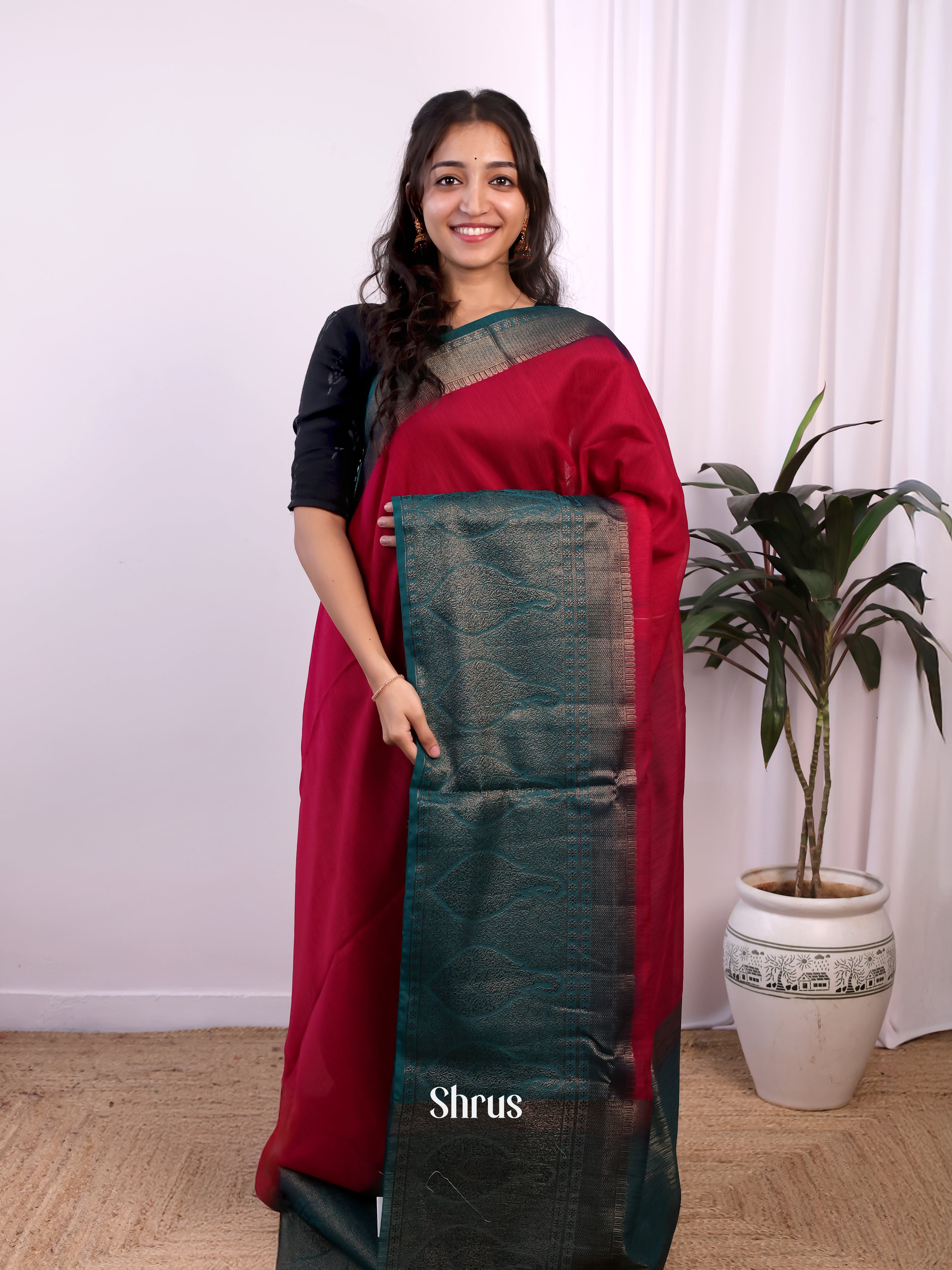 Red & Peacock Blue - Semi Jute Saree