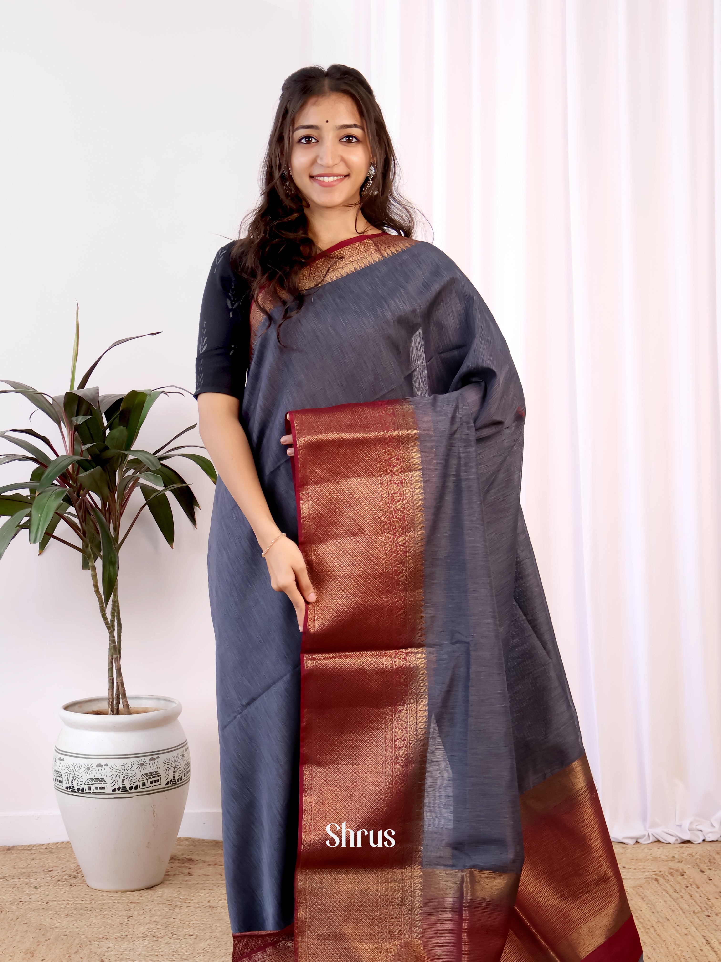 Grey & Maroon- Semi Jute Saree