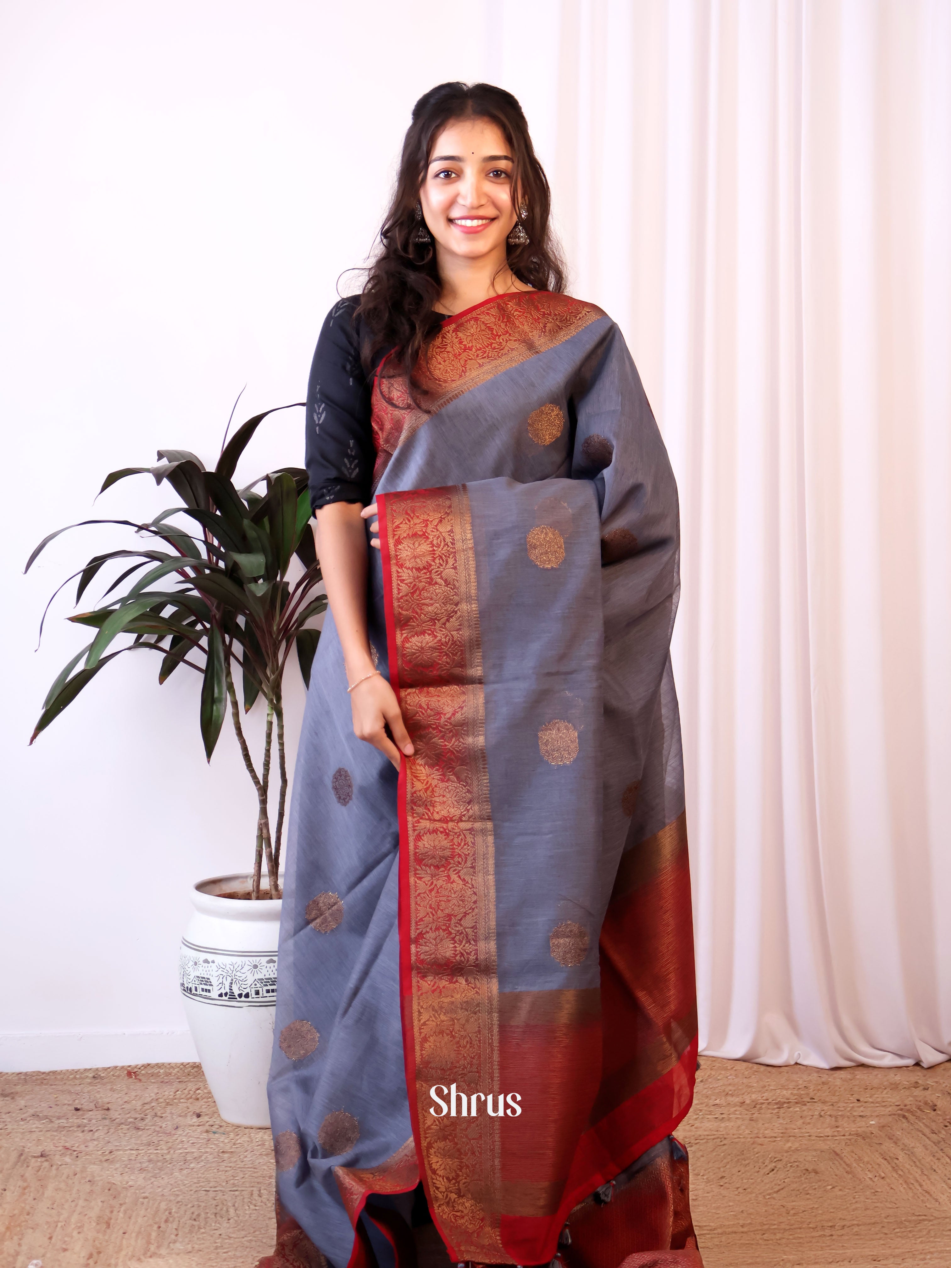 Grey & Maroon- Semi Jute Saree