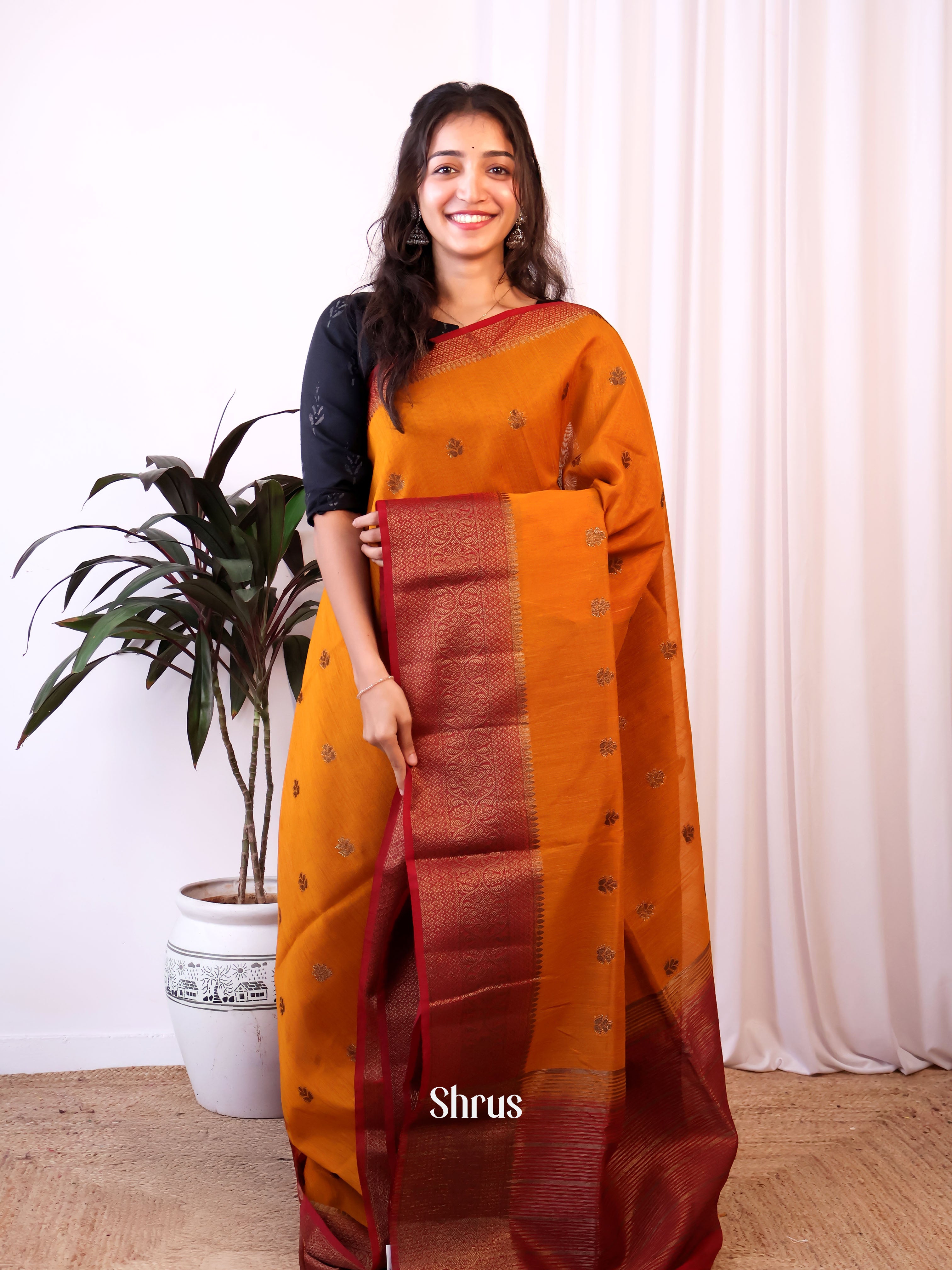 Orange &  Maroon - Semi Jute Saree