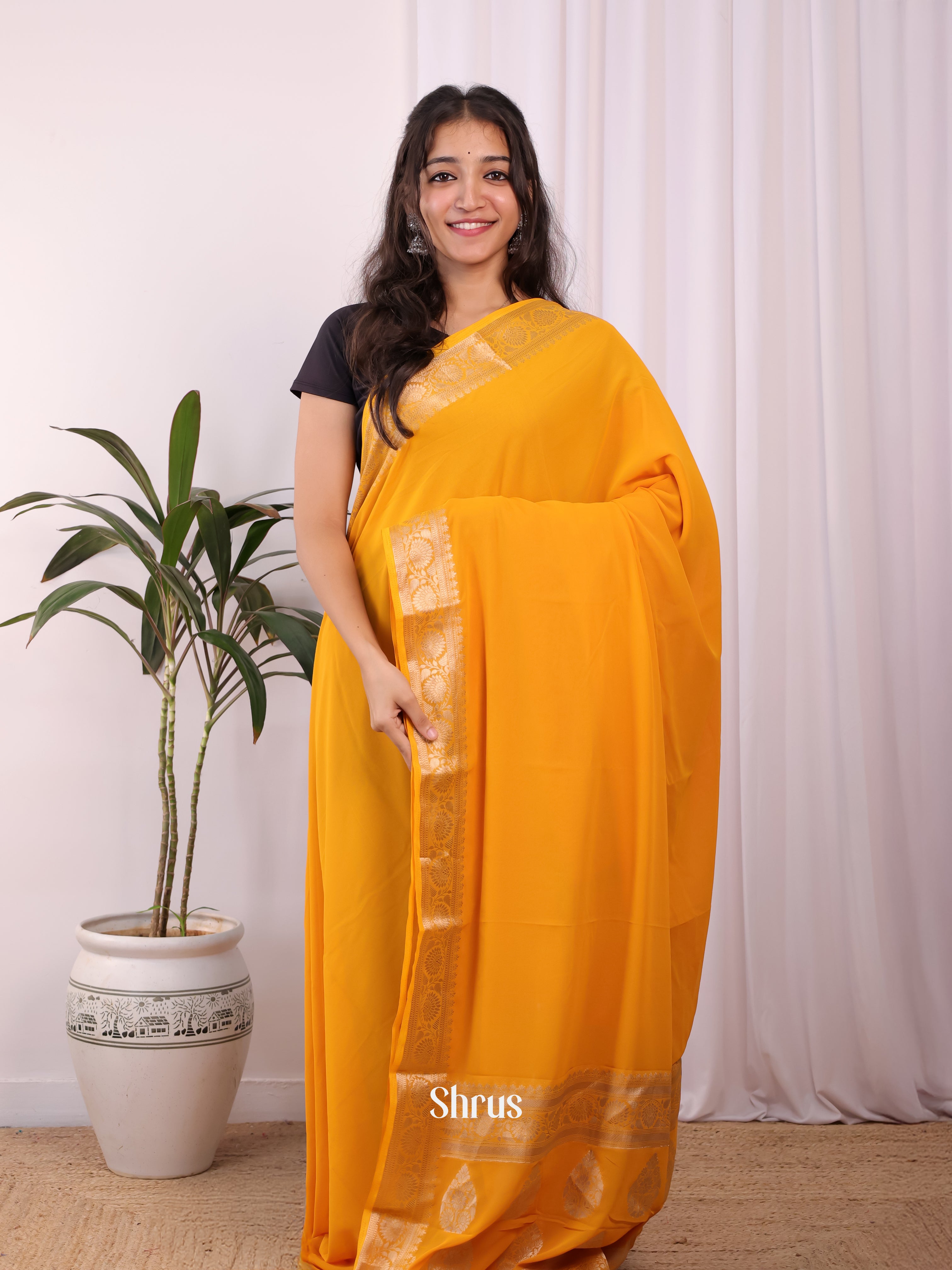 Mustard & Red - Semi Mysoresilk Saree