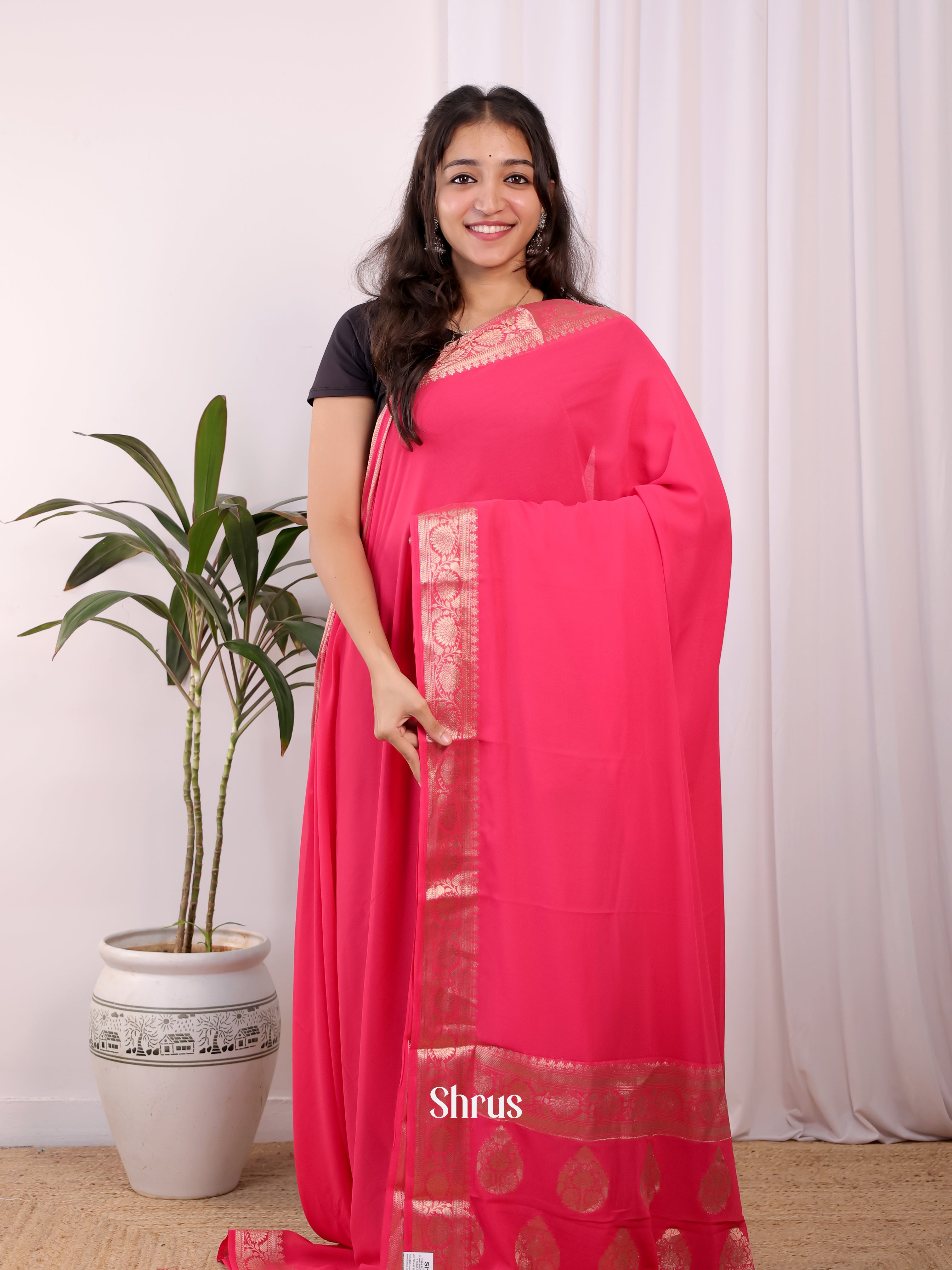 Pink - Semi Mysoresilk Saree