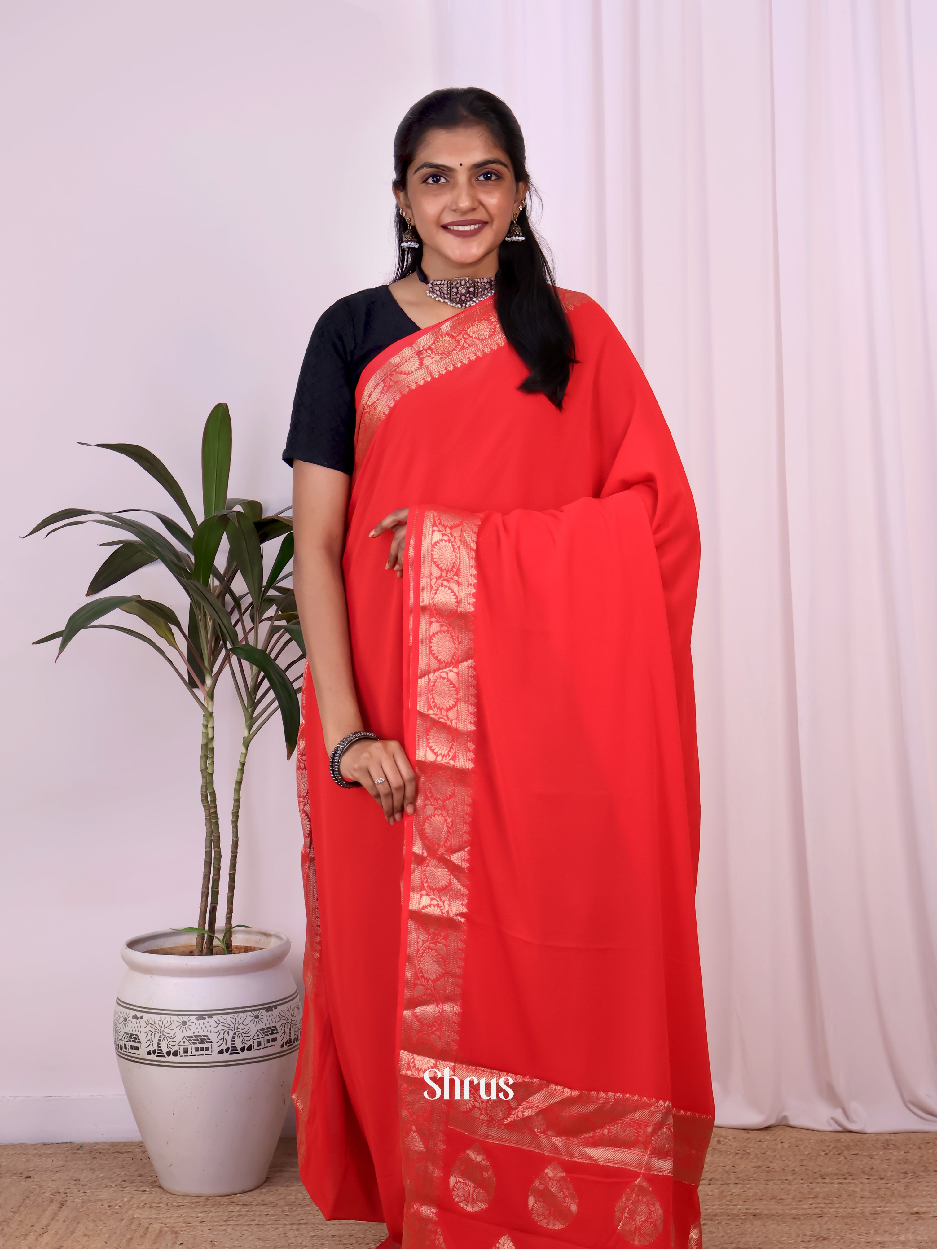 Red    - Semi Mysoresilk Saree