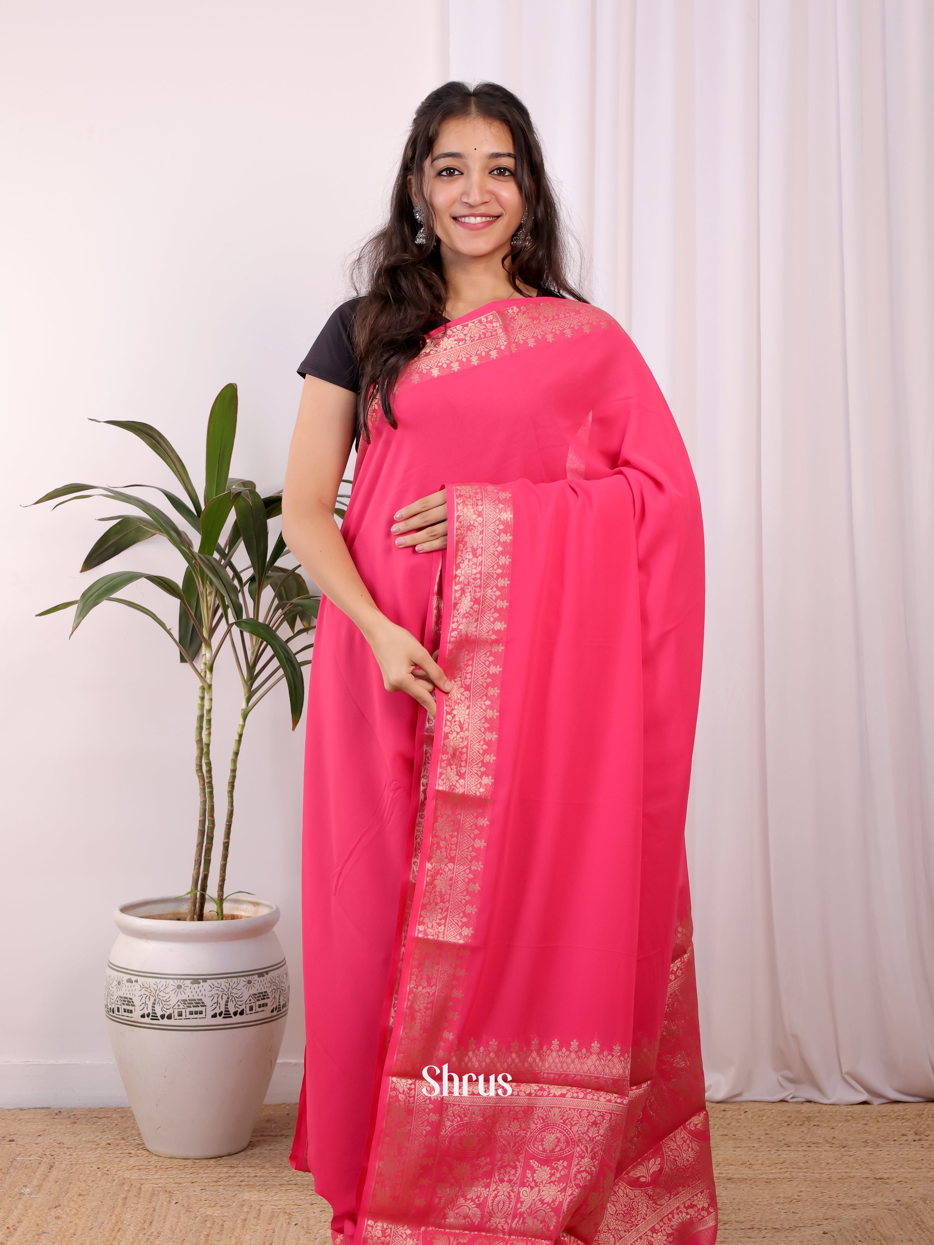 Pink - Semi Mysoresilk Saree