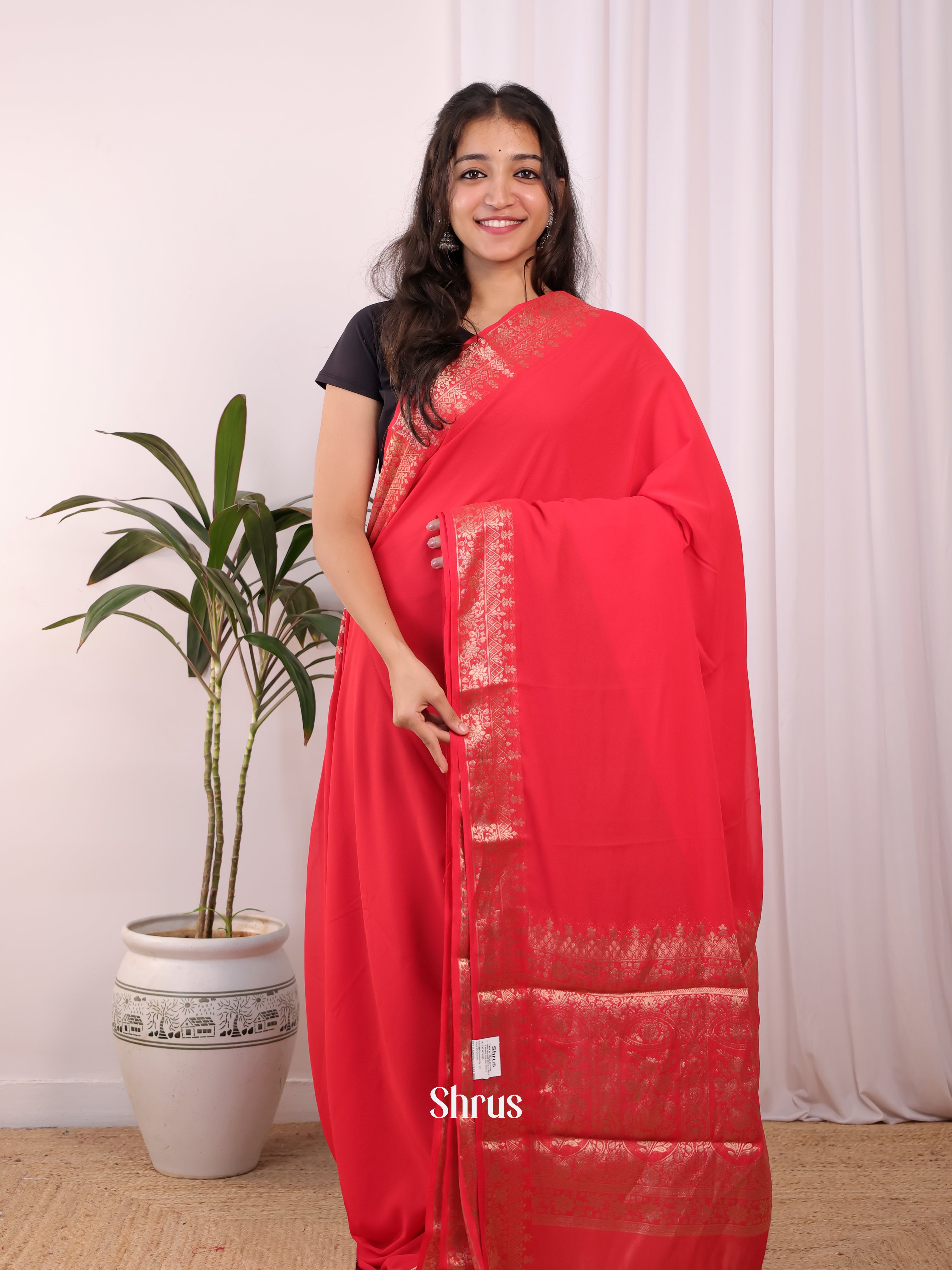 Red & Black - Semi Mysoresilk Saree