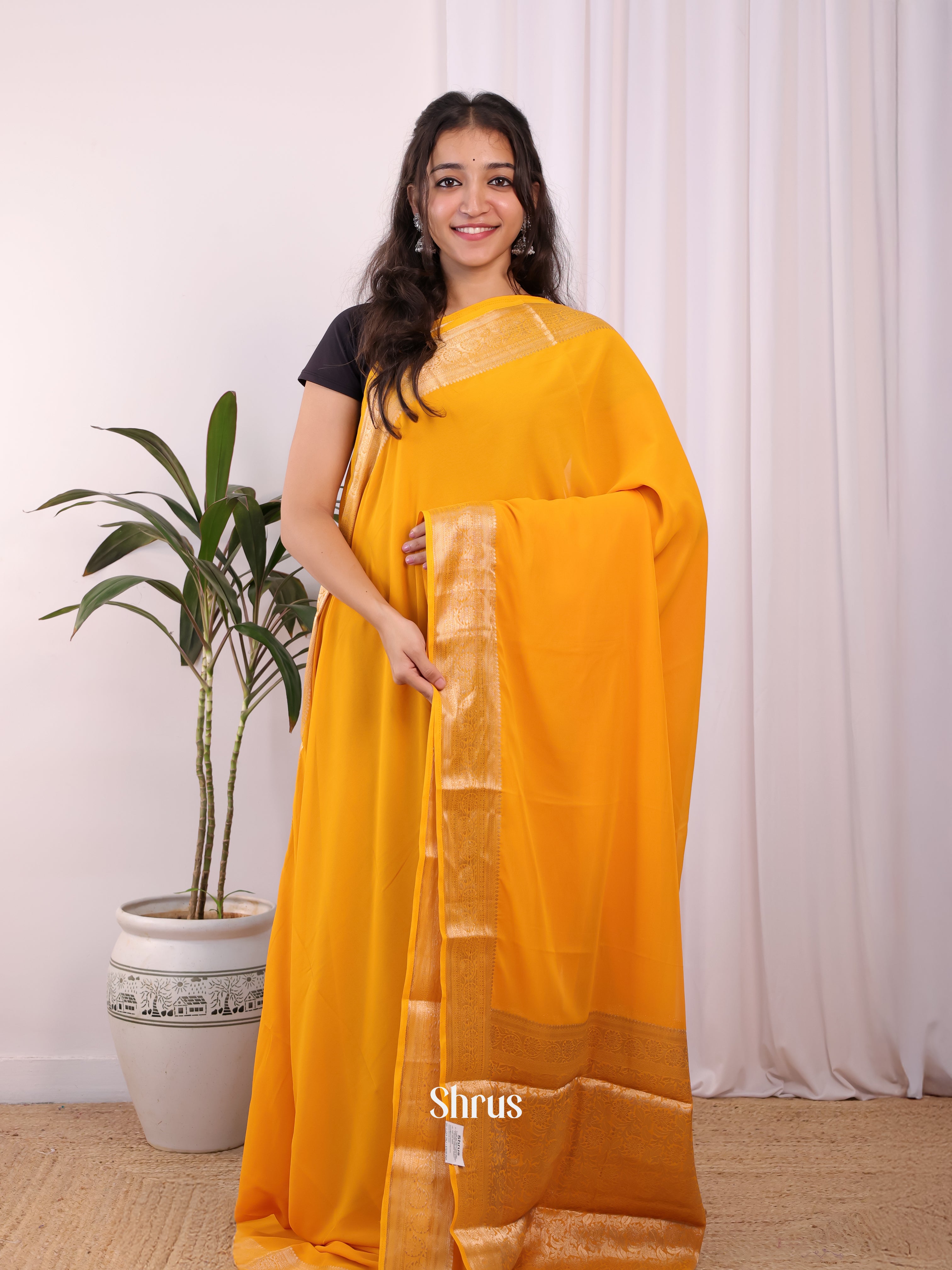 Mustard & Red - Semi Mysoresilk Saree