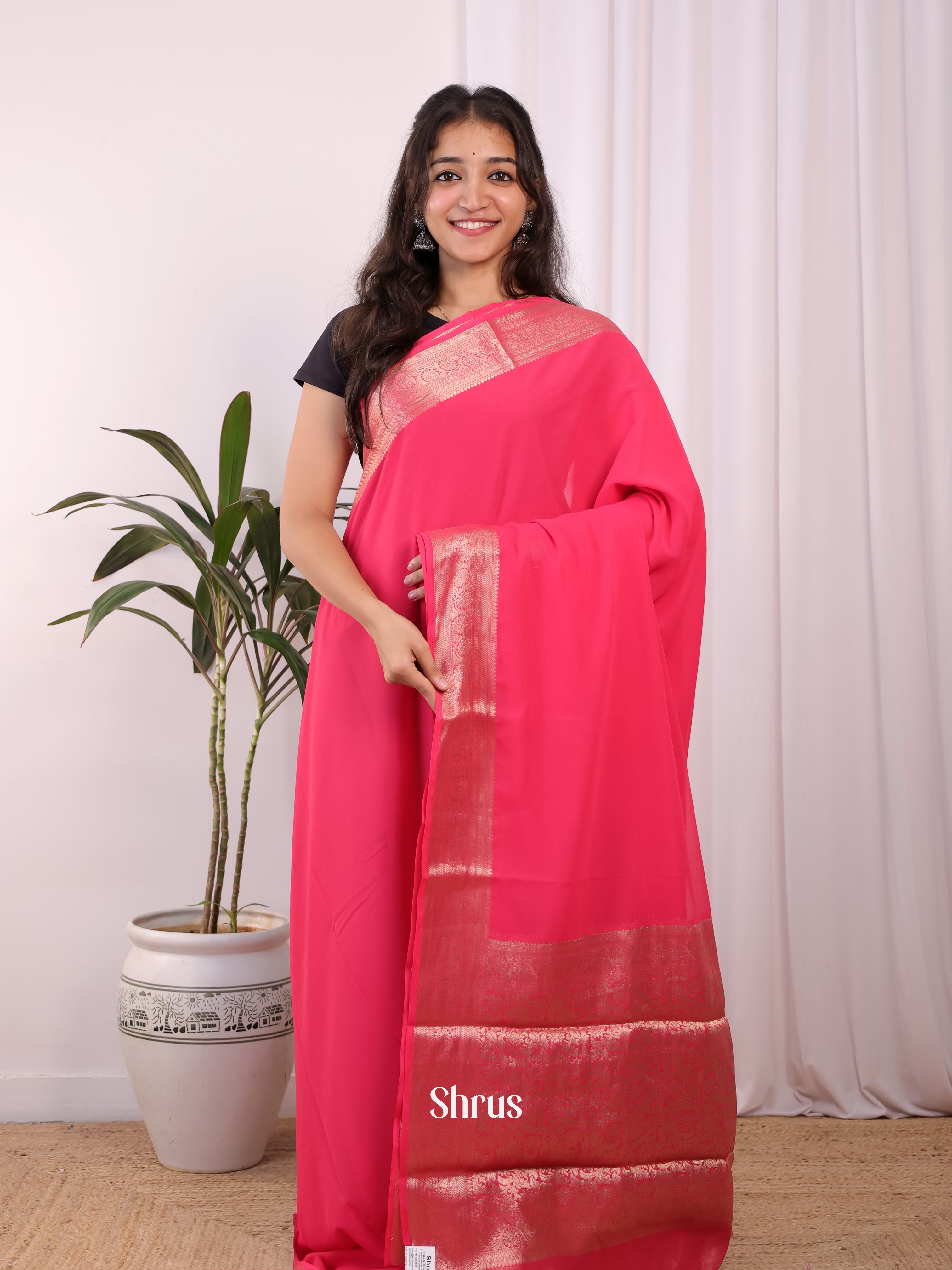 Pink - Semi Mysoresilk Saree