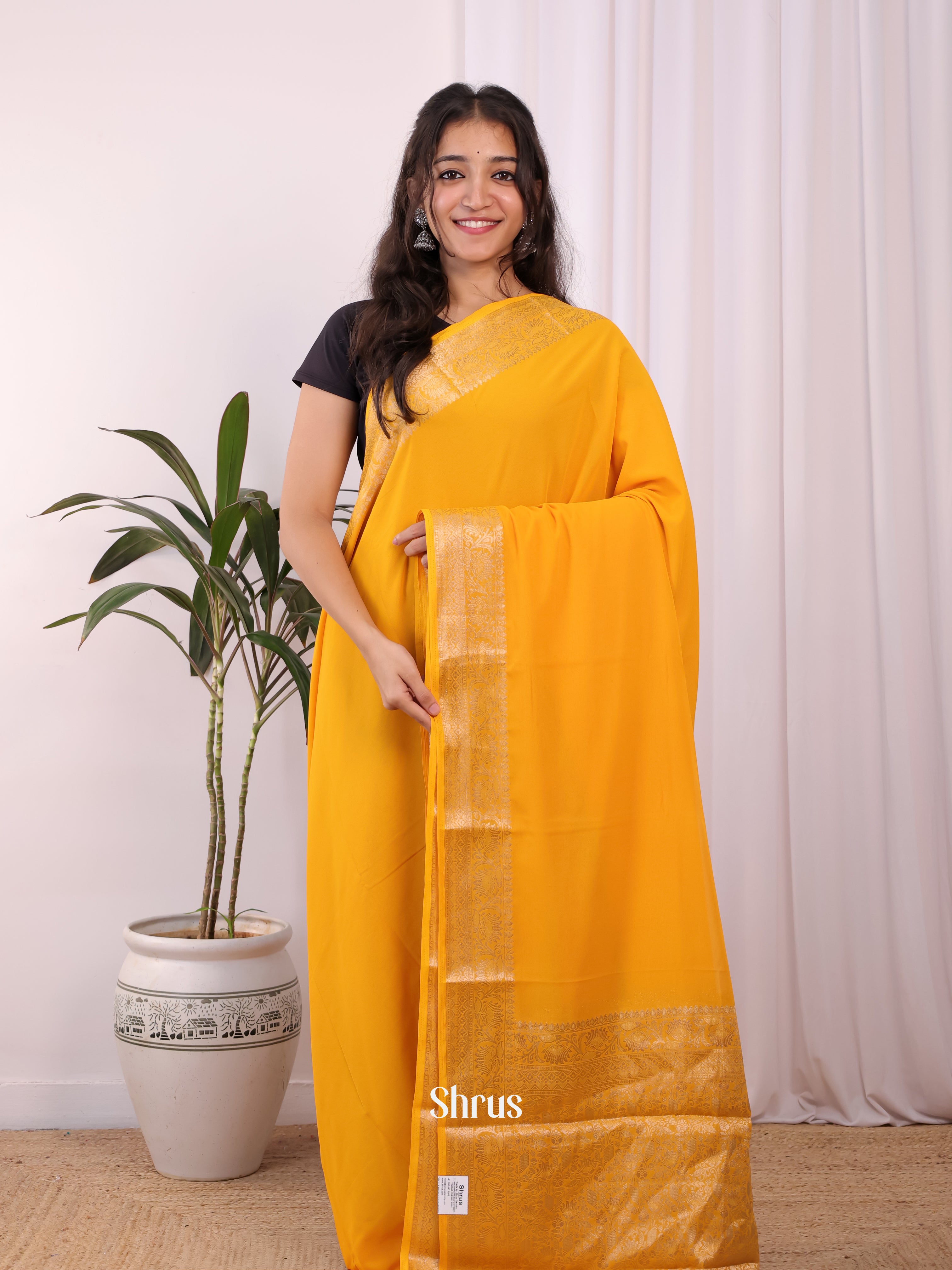 Mustard & Pink - Semi Mysoresilk Saree