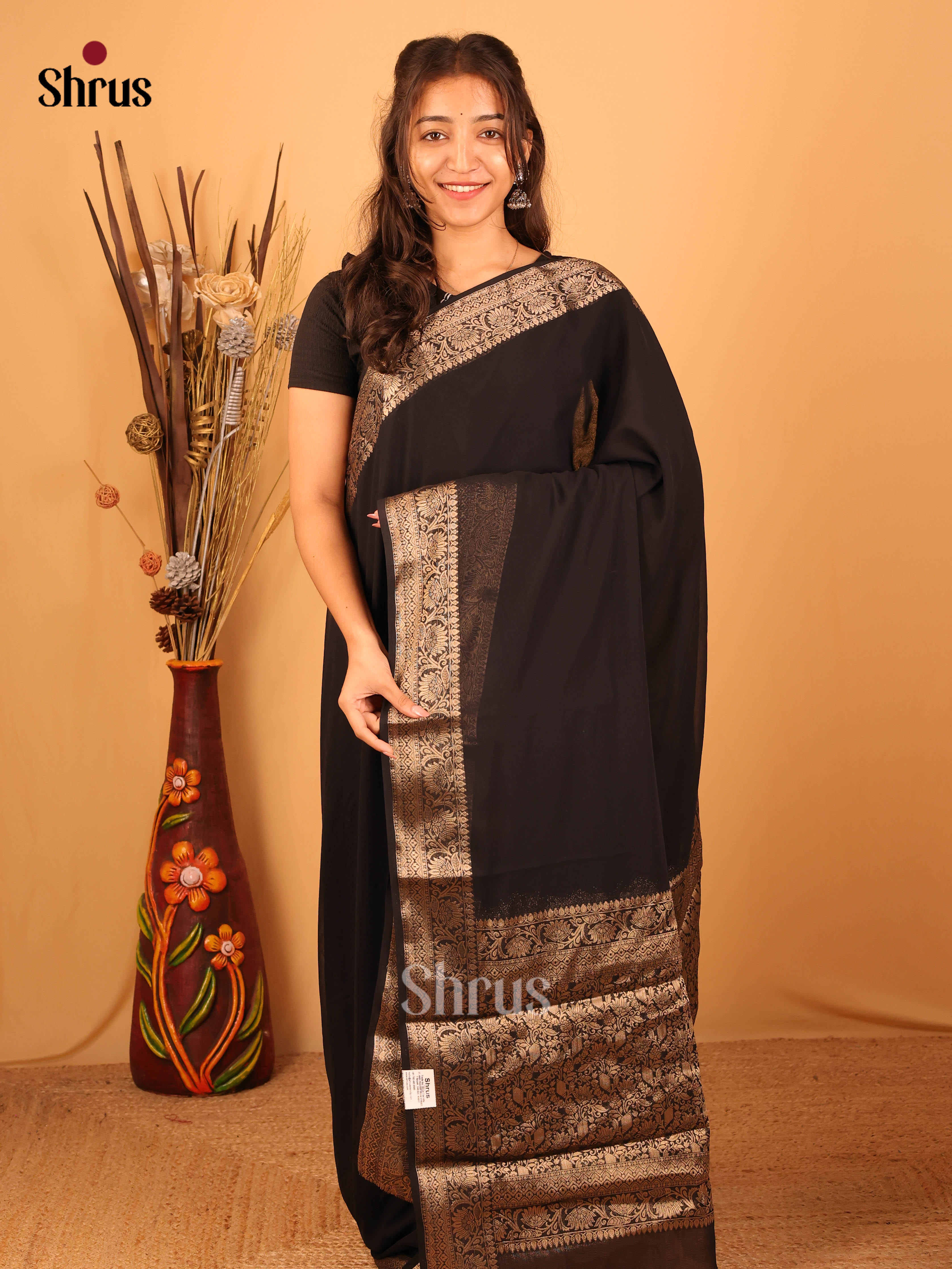 Black & Red- Semi Mysoresilk Saree - Shop on Shrus.com