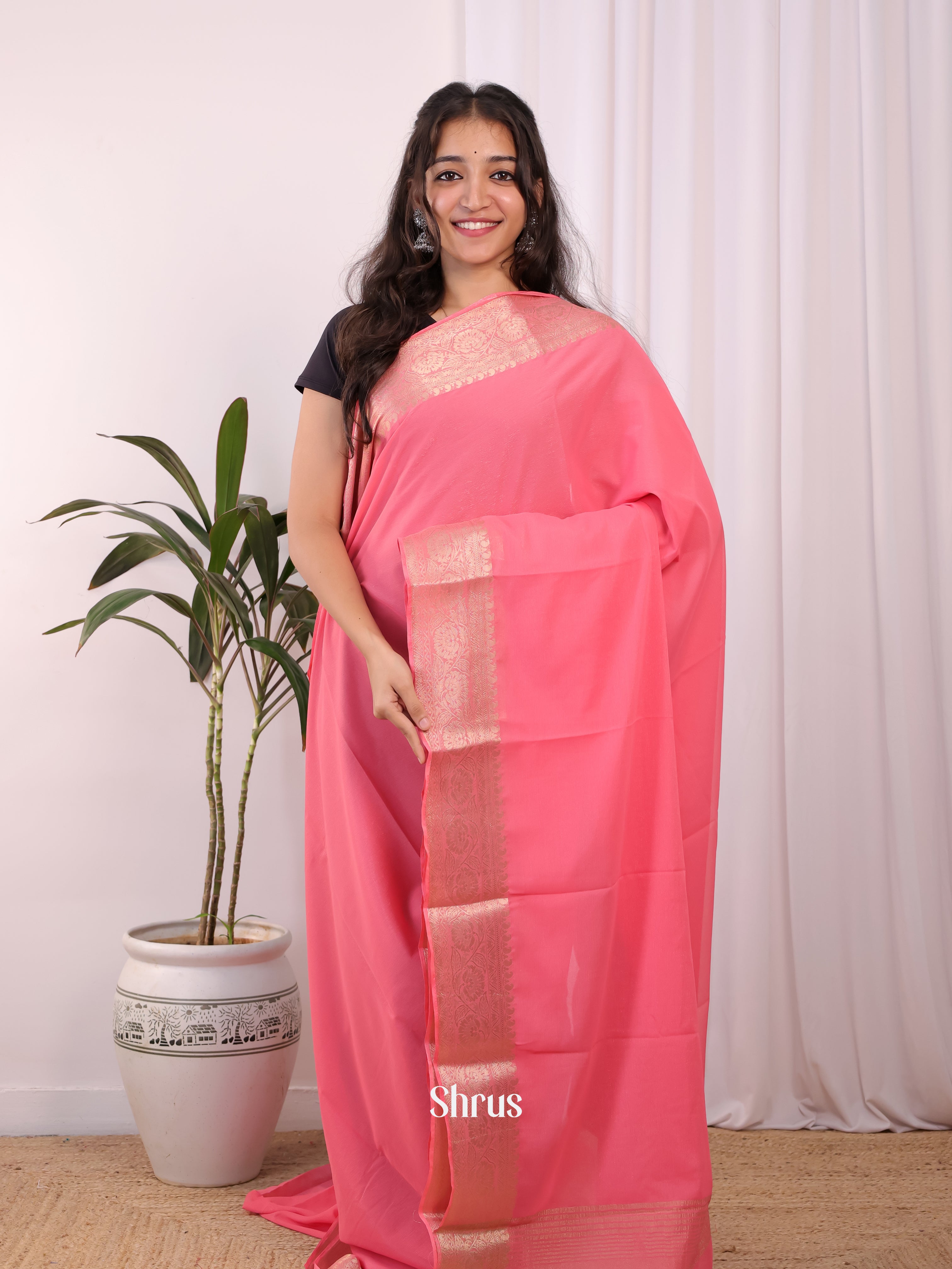 Pink - Semi Mysoresilk Saree