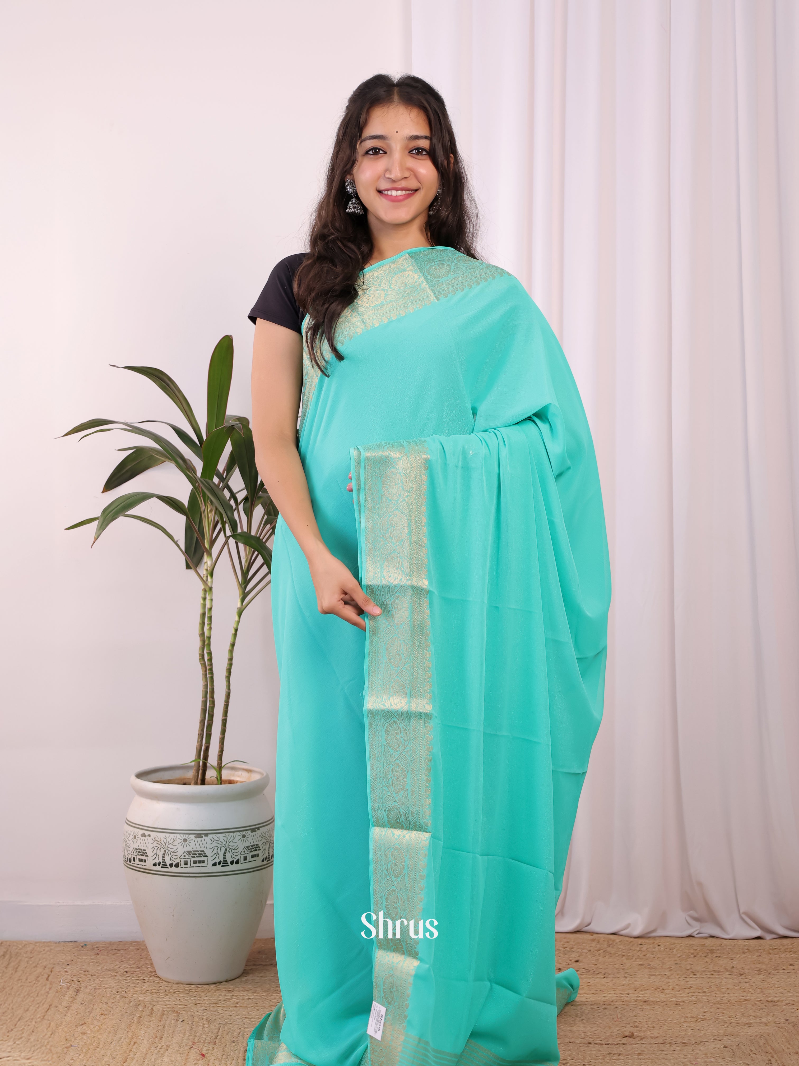 Teal - Semi Mysoresilk Saree