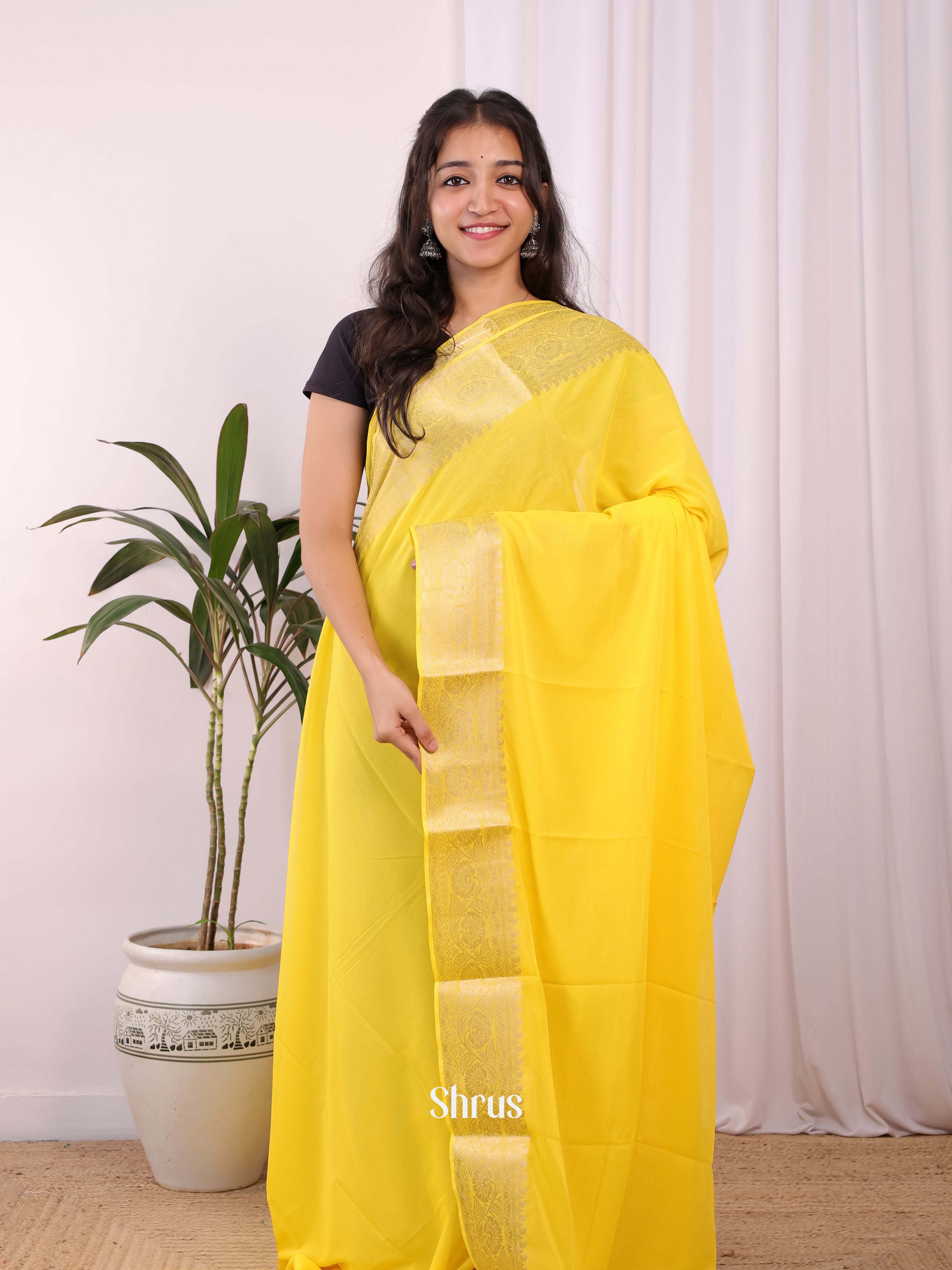 Lemon Yellow - Semi Mysoresilk Saree