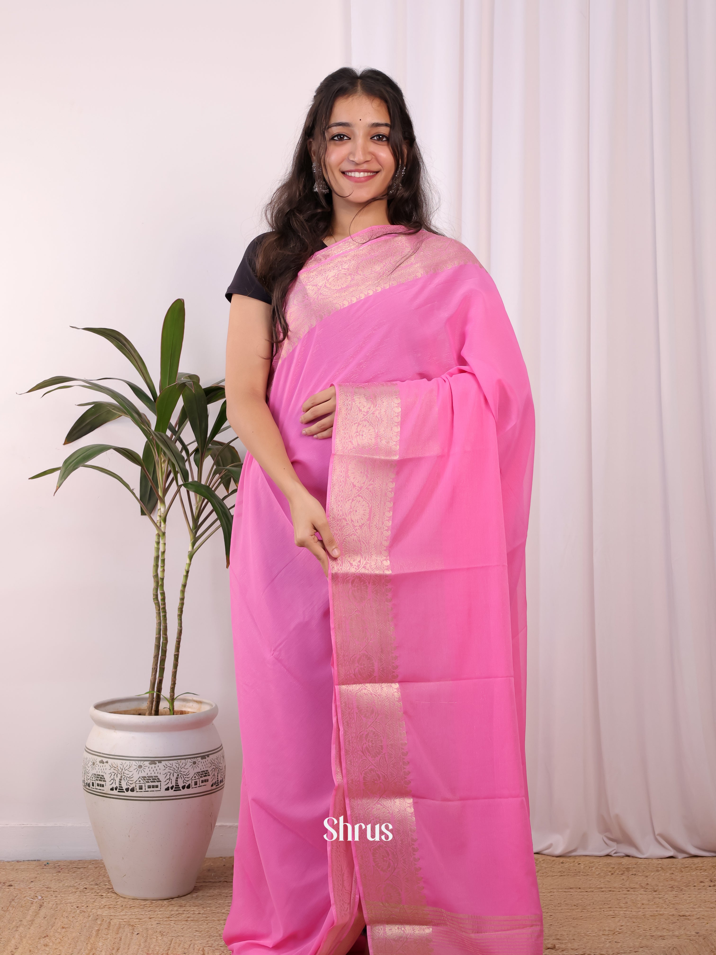 Pink - Semi Mysoresilk Saree