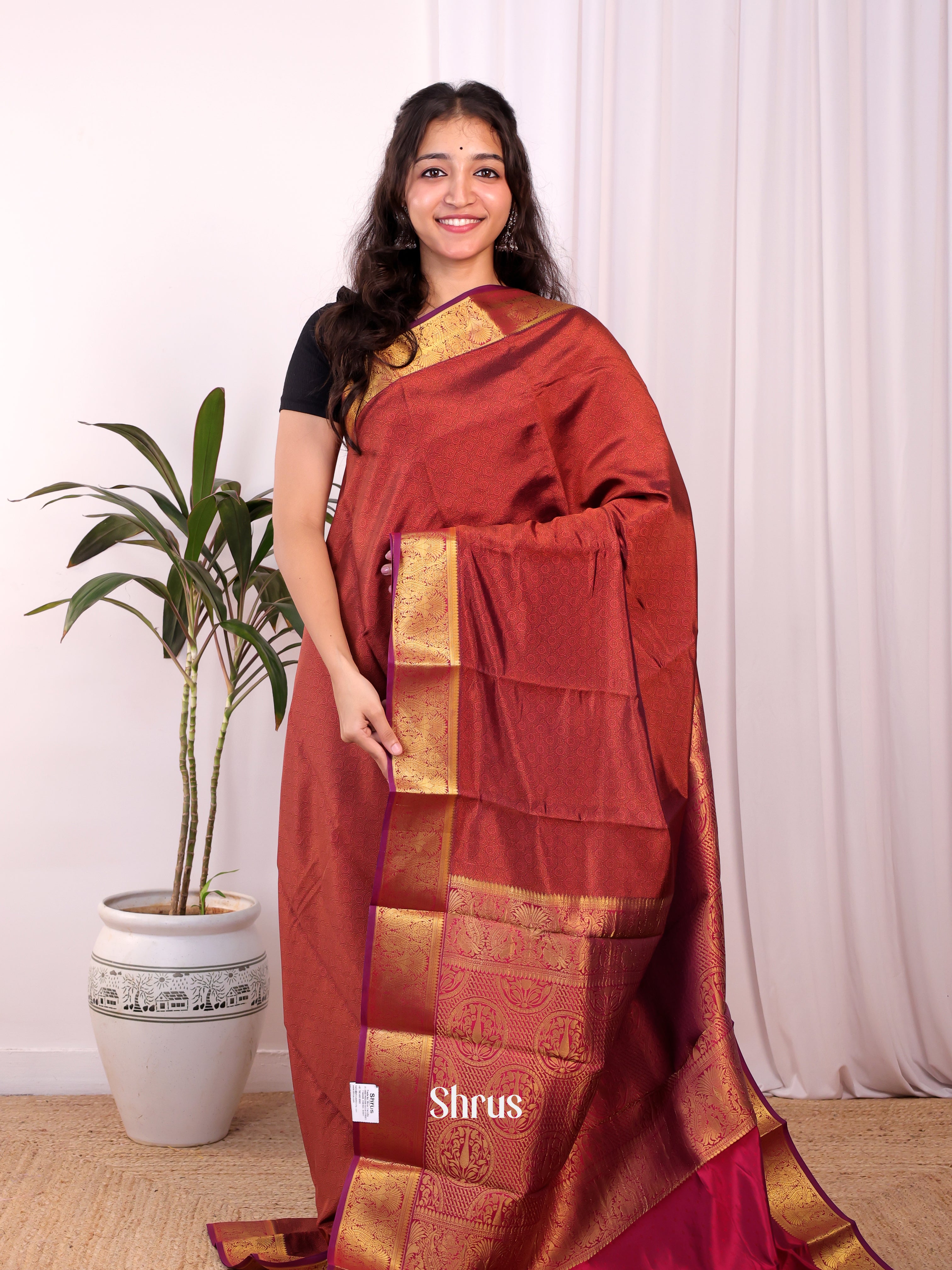 Rust & Maroon- Printed Silk Saree