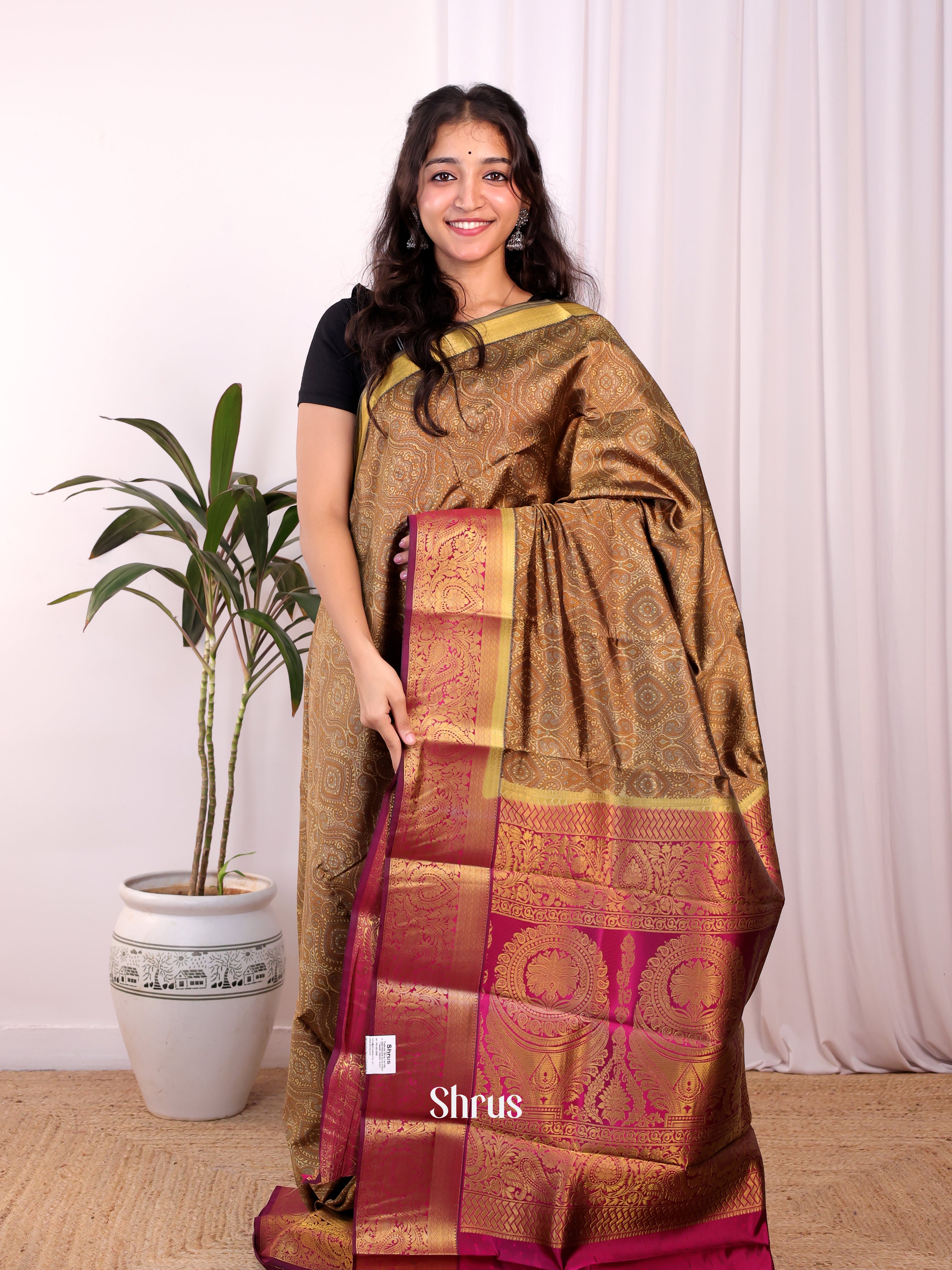 Brown & Purple - Printed Silk Saree