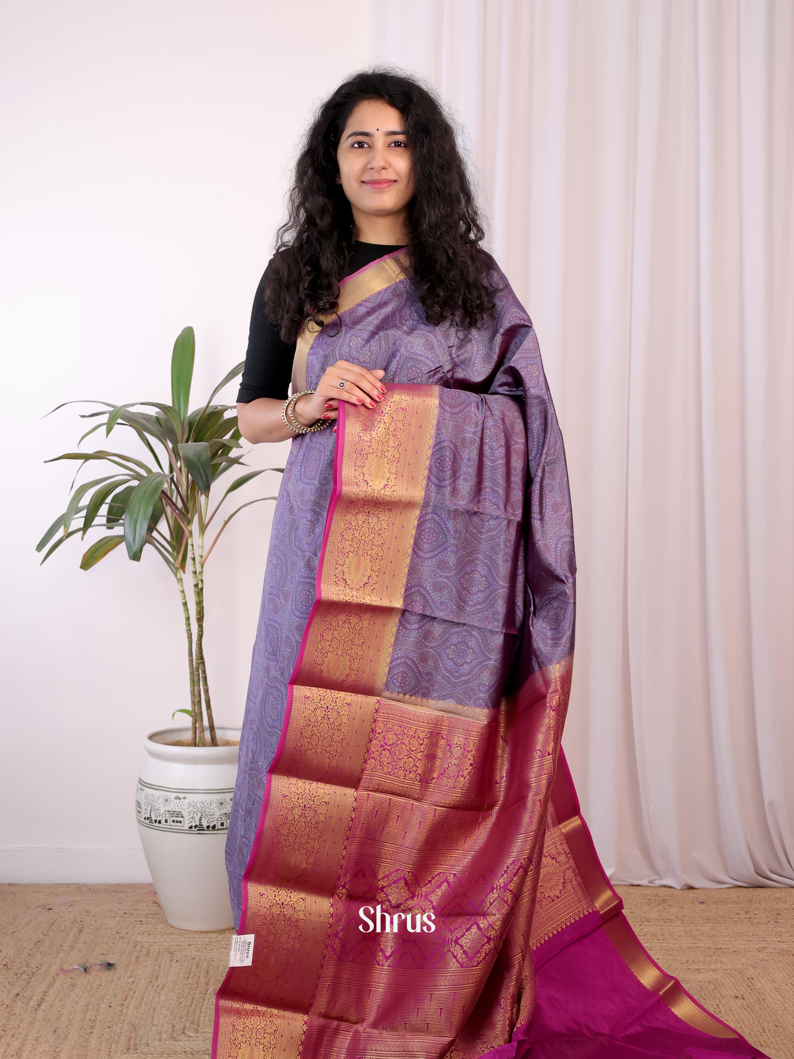 Purple & Majenta - Printed Silk Saree