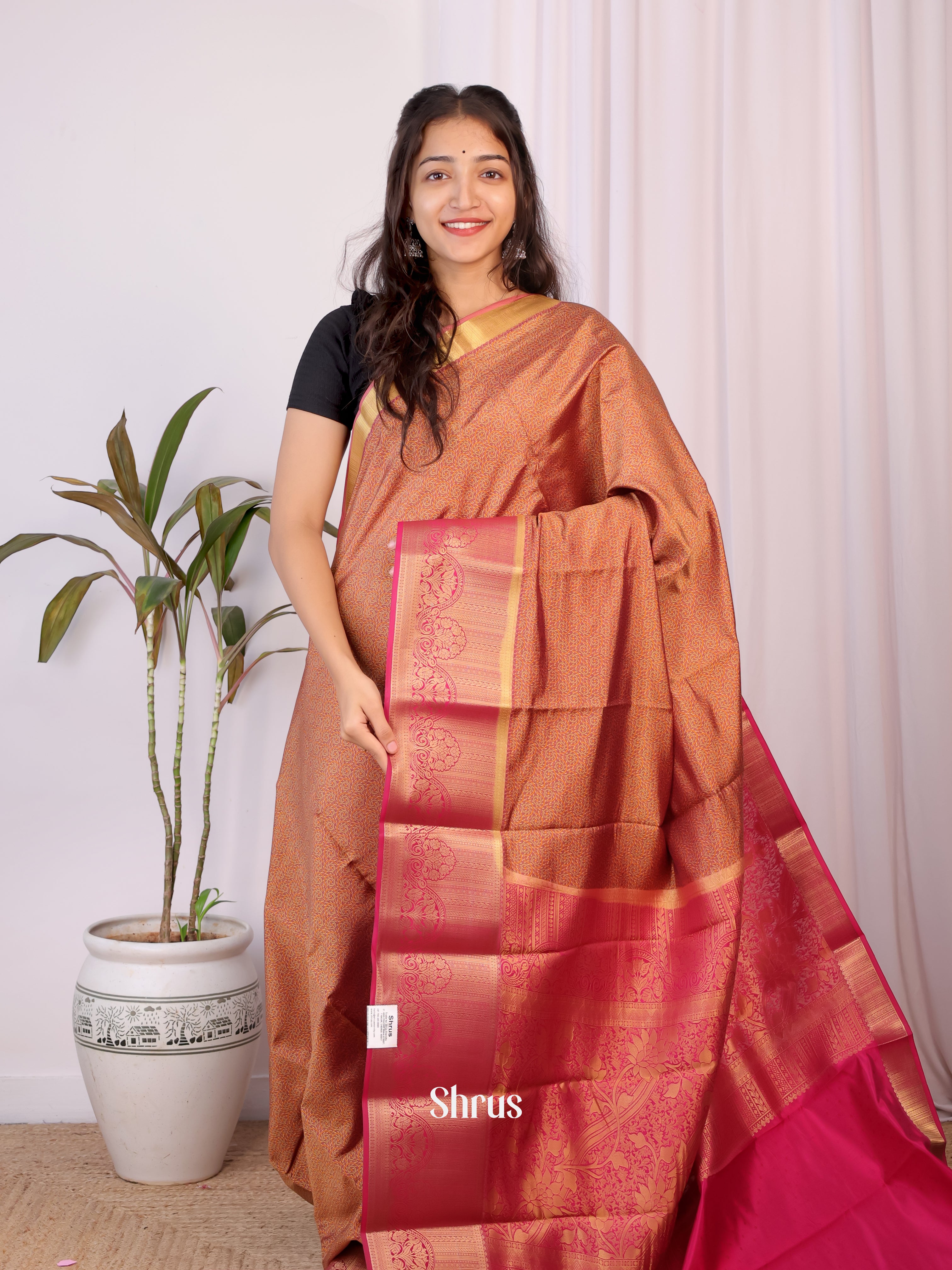 Brown & Pink - Printed Silk Saree