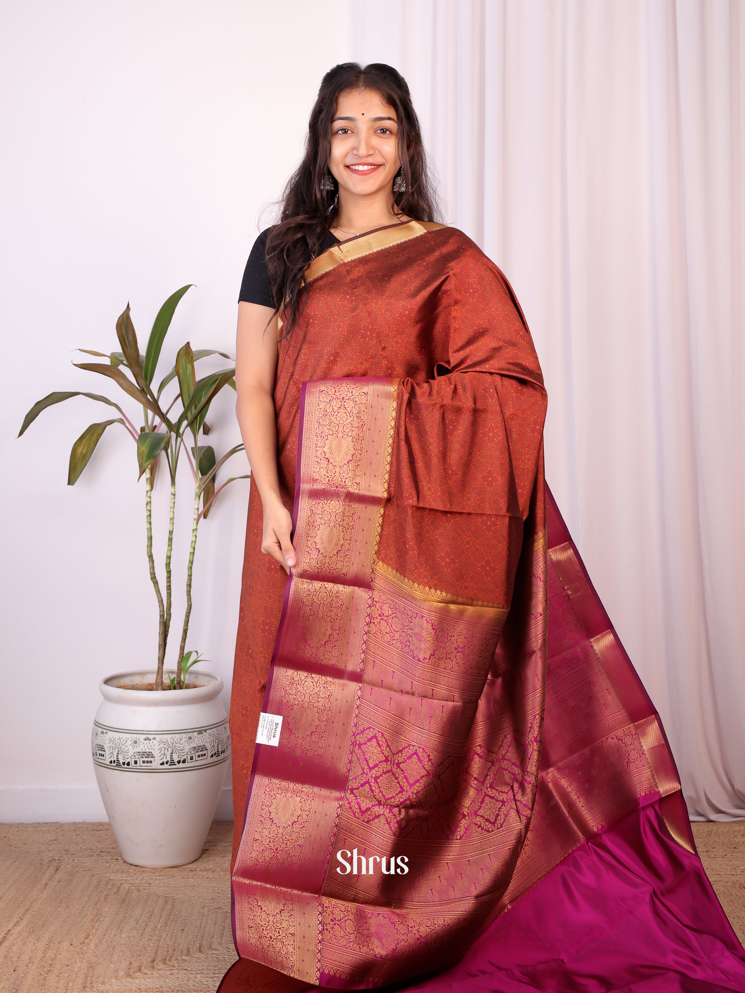 Brown & Purple - Printed Silk Saree