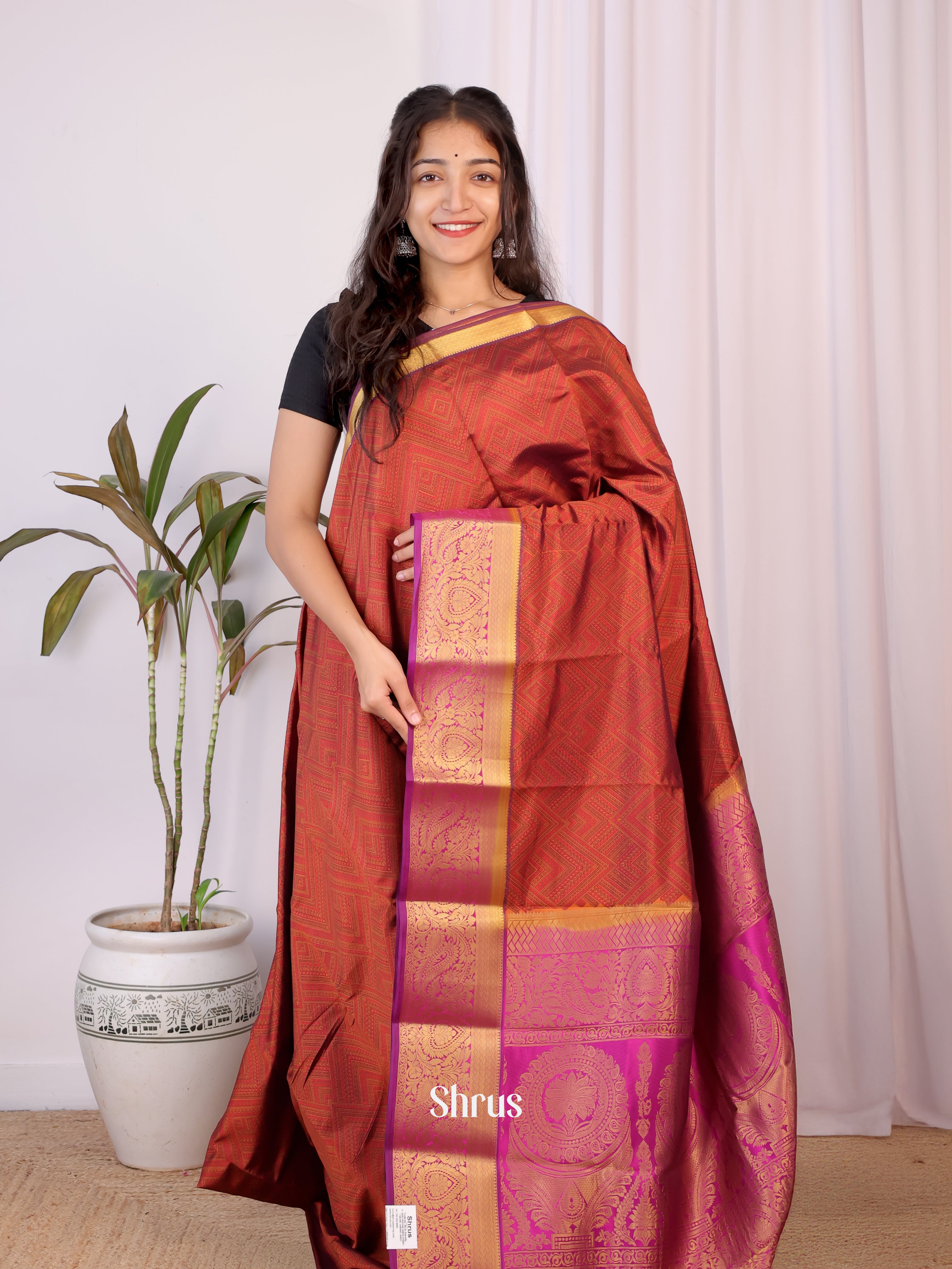 Brown & Majenta- Printed Silk Saree